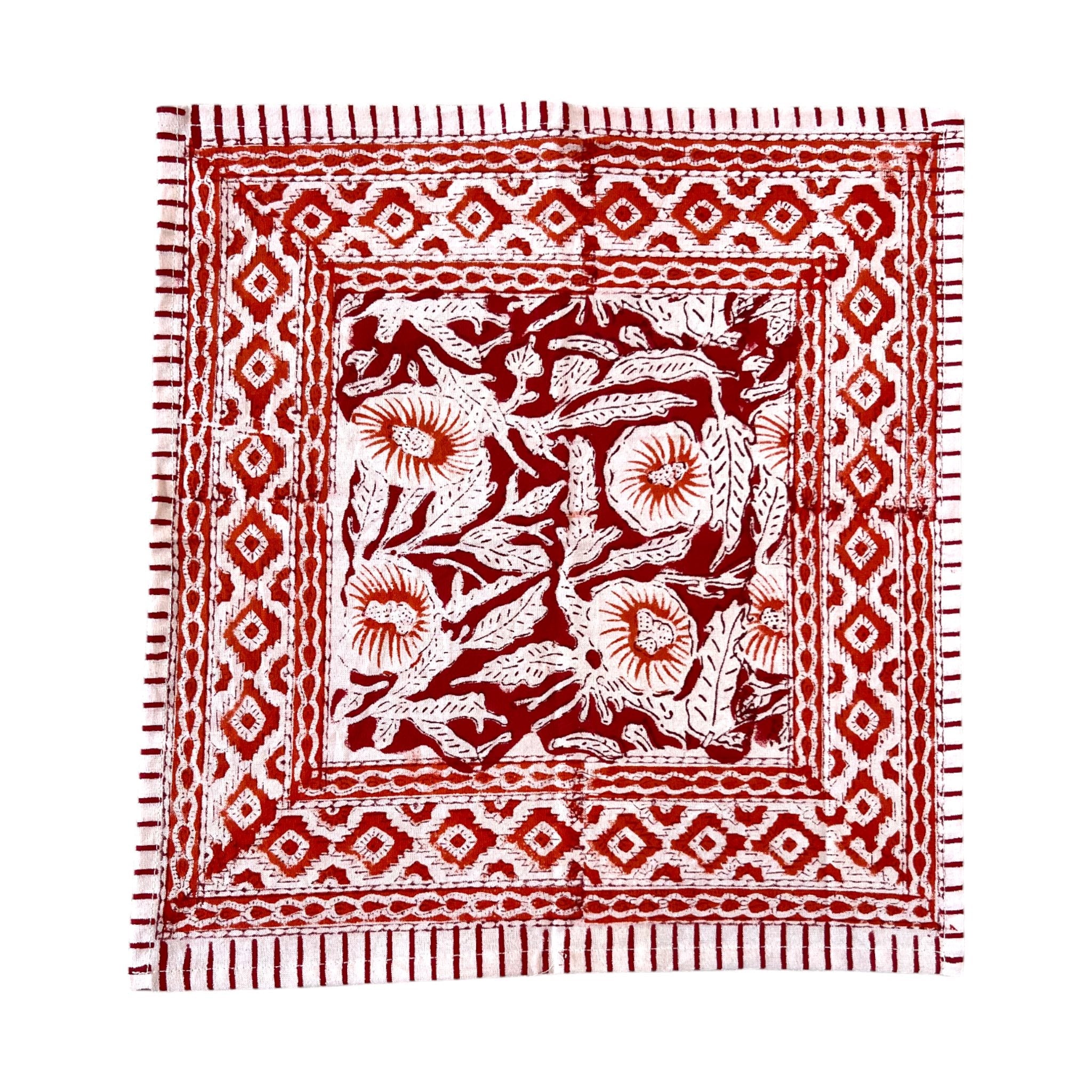 Red, Orange & White Block Printed Cotton Napkins | Set Of 4