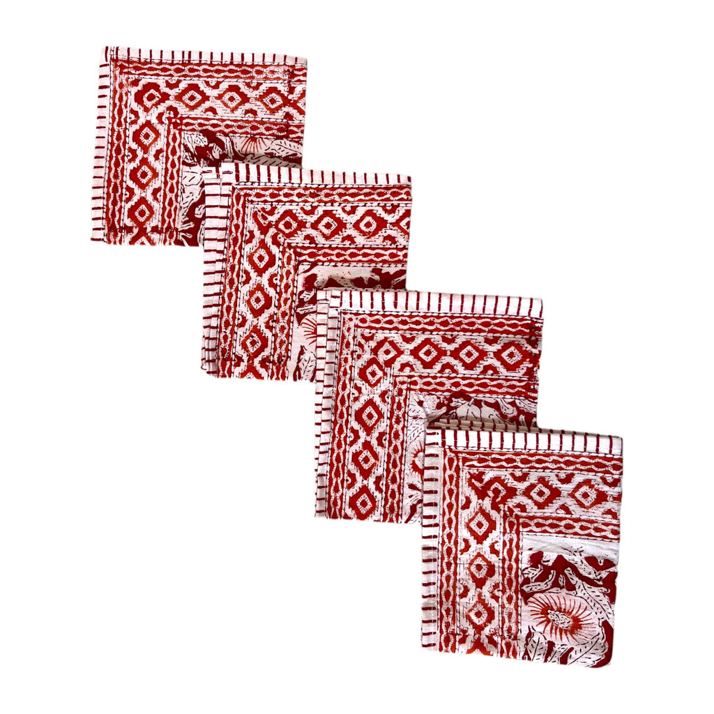 Red, Orange & White Block Printed Cotton Napkins | Set Of 4