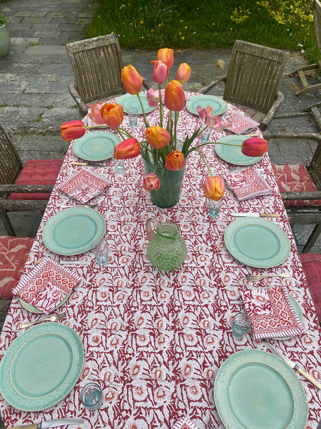 Red, Orange & White Block Printed Cotton Tablecloth