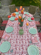 Red, Orange & White Block Printed Cotton Tablecloth