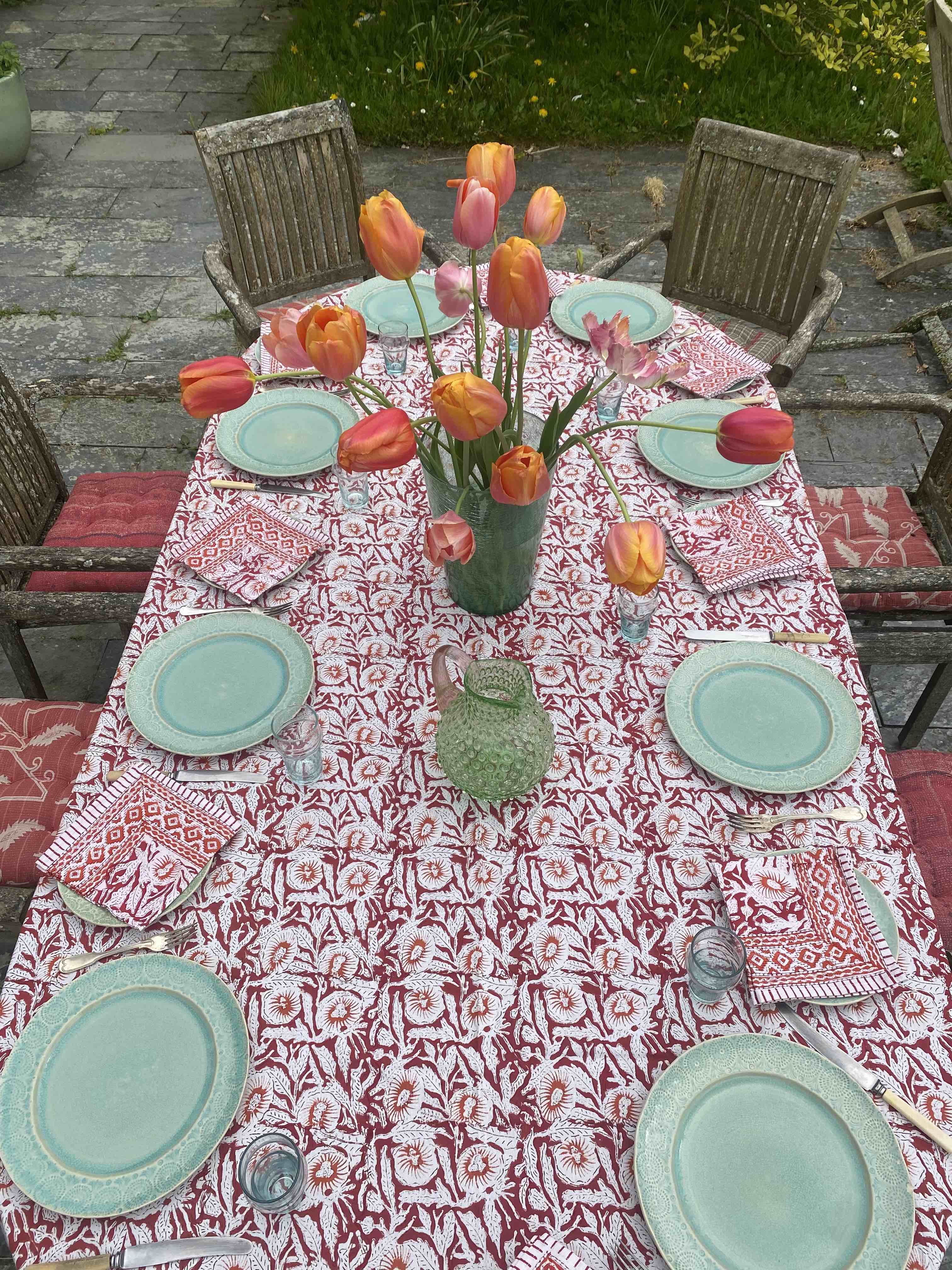 Red, Orange & White Block Printed Cotton Tablecloth