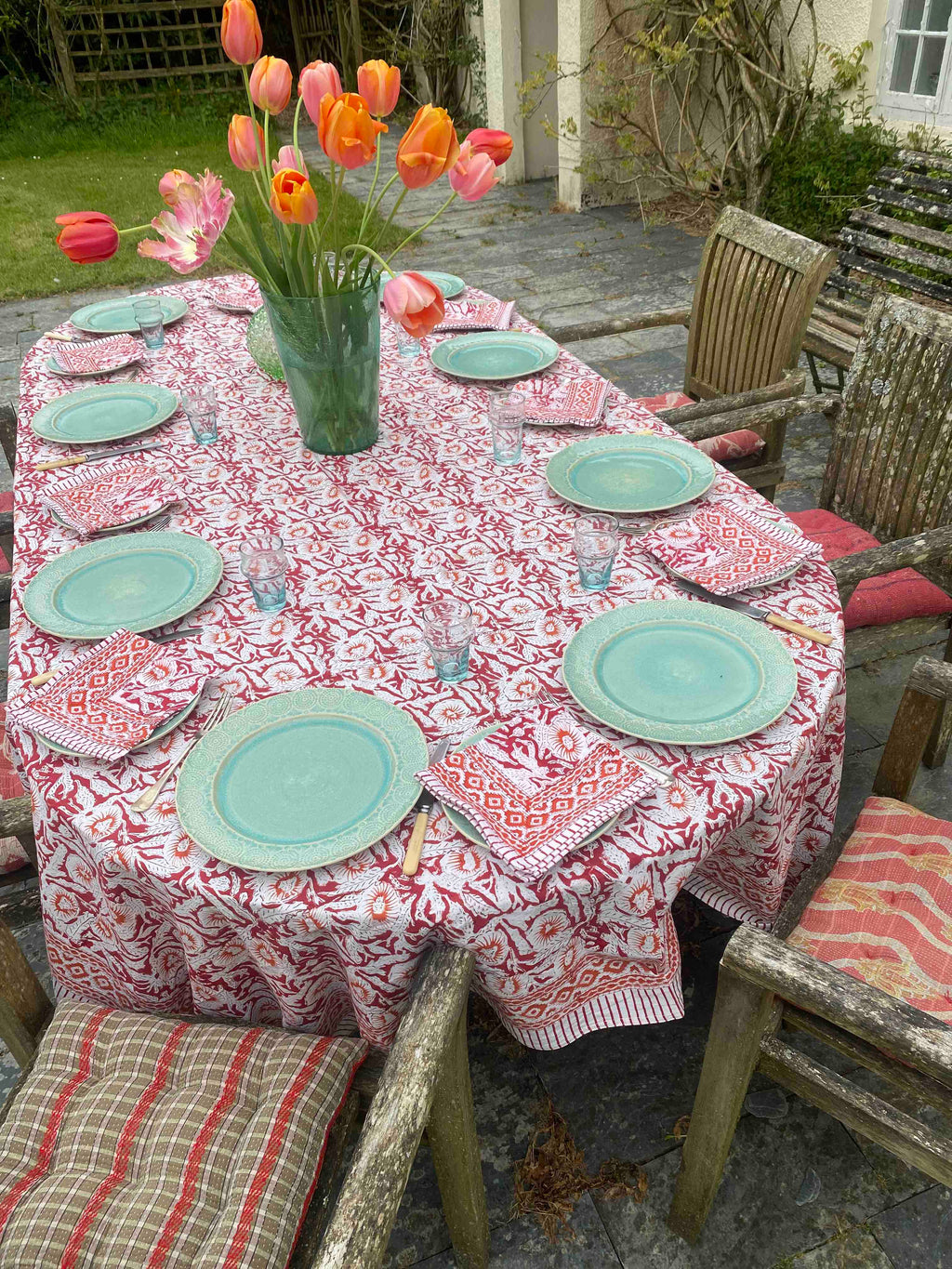 Red, Orange & White Block Printed Cotton Napkins | Set Of 4