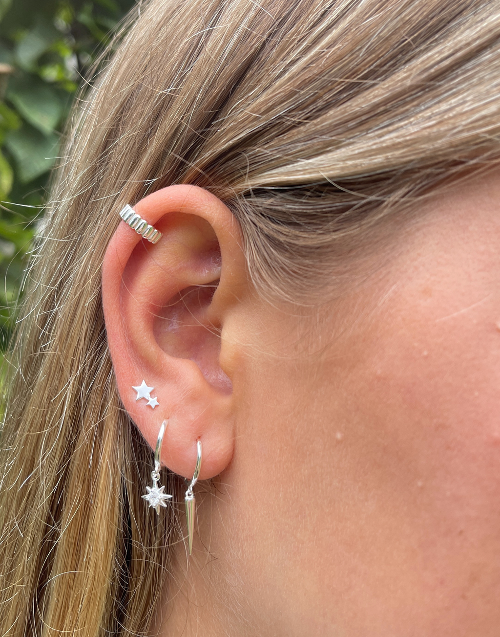 Silver CZ Star Charm Huggie Earrings