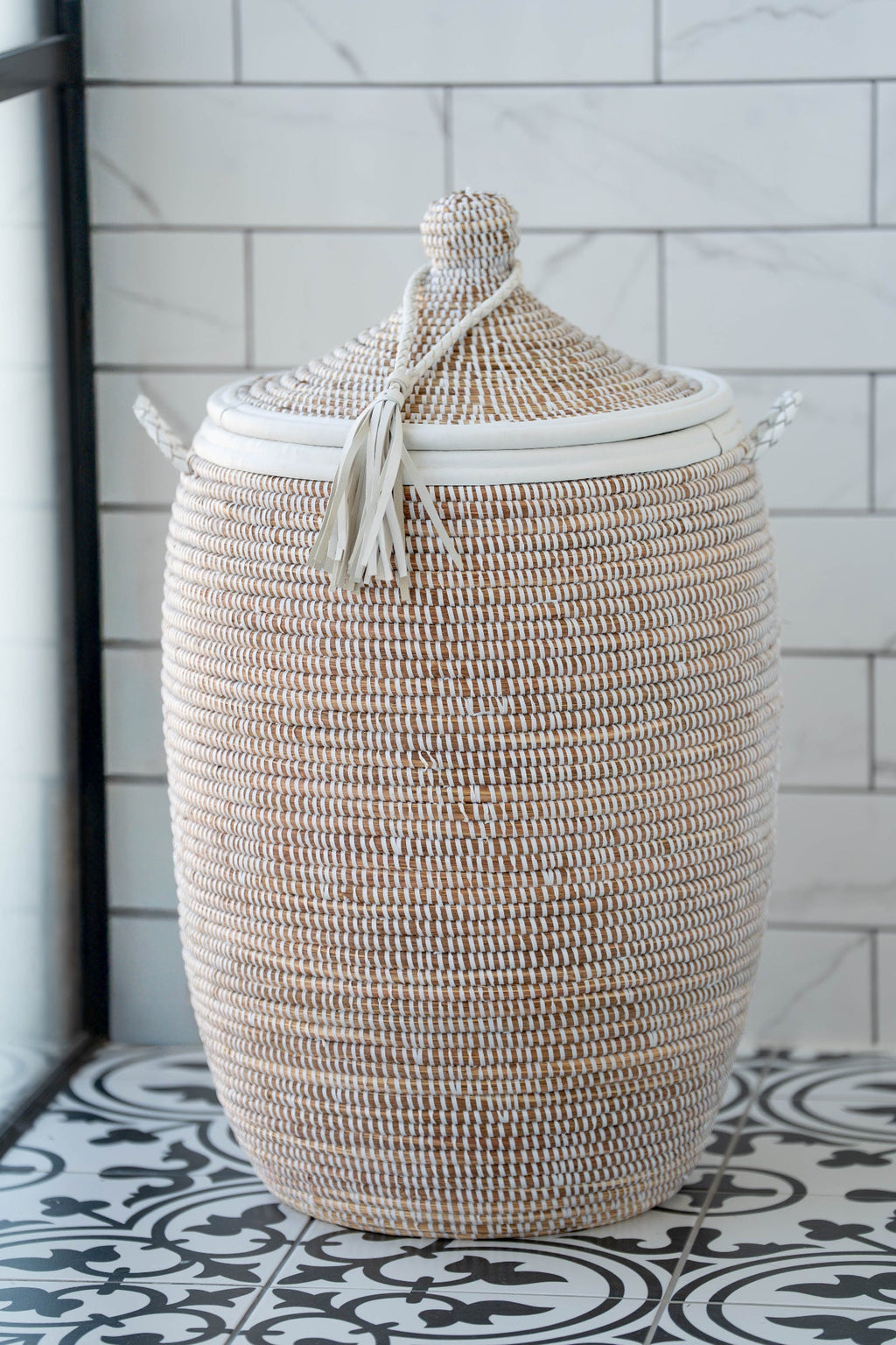 White Handwoven Laundry Basket with Lid – Leather Trim & Tassel
