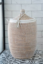 White Handwoven Laundry Basket with Lid – Leather Trim & Tassel