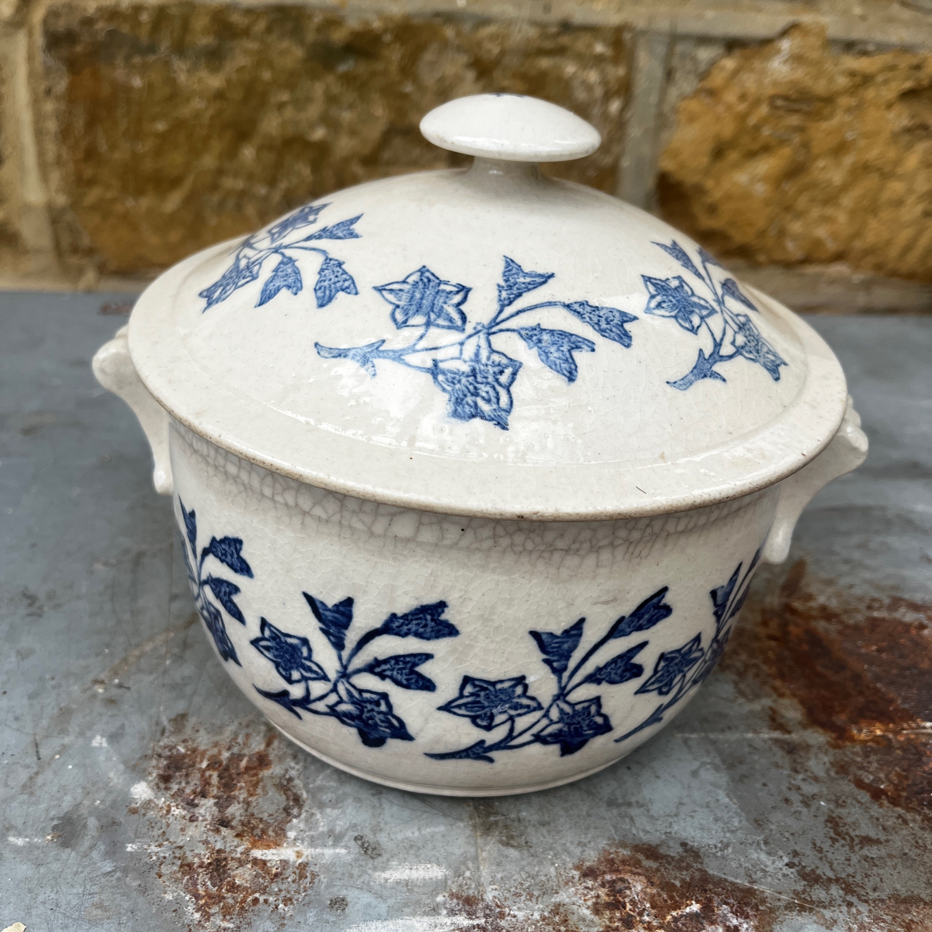 Antique French Saint-Uze style Blue & White Floral Lidded Tureen
