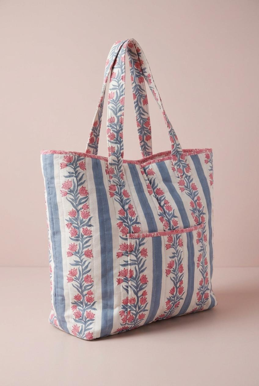 The Amba Bag – Quilted Cotton Canvas Tote (Blue / Pink)