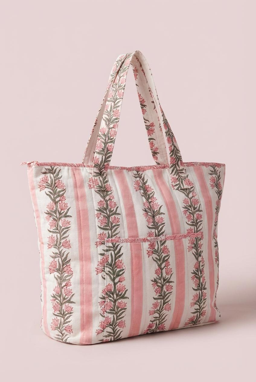 The Amba Bag – Quilted Cotton Canvas Tote (Pink/ Green)