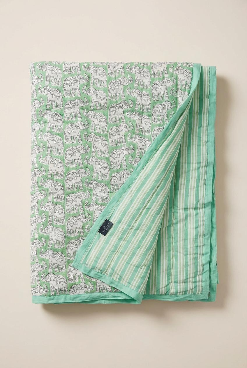 Organic Cotton Elephant Toddler Quilt – Green Block Printed Reversible Cot Quilt