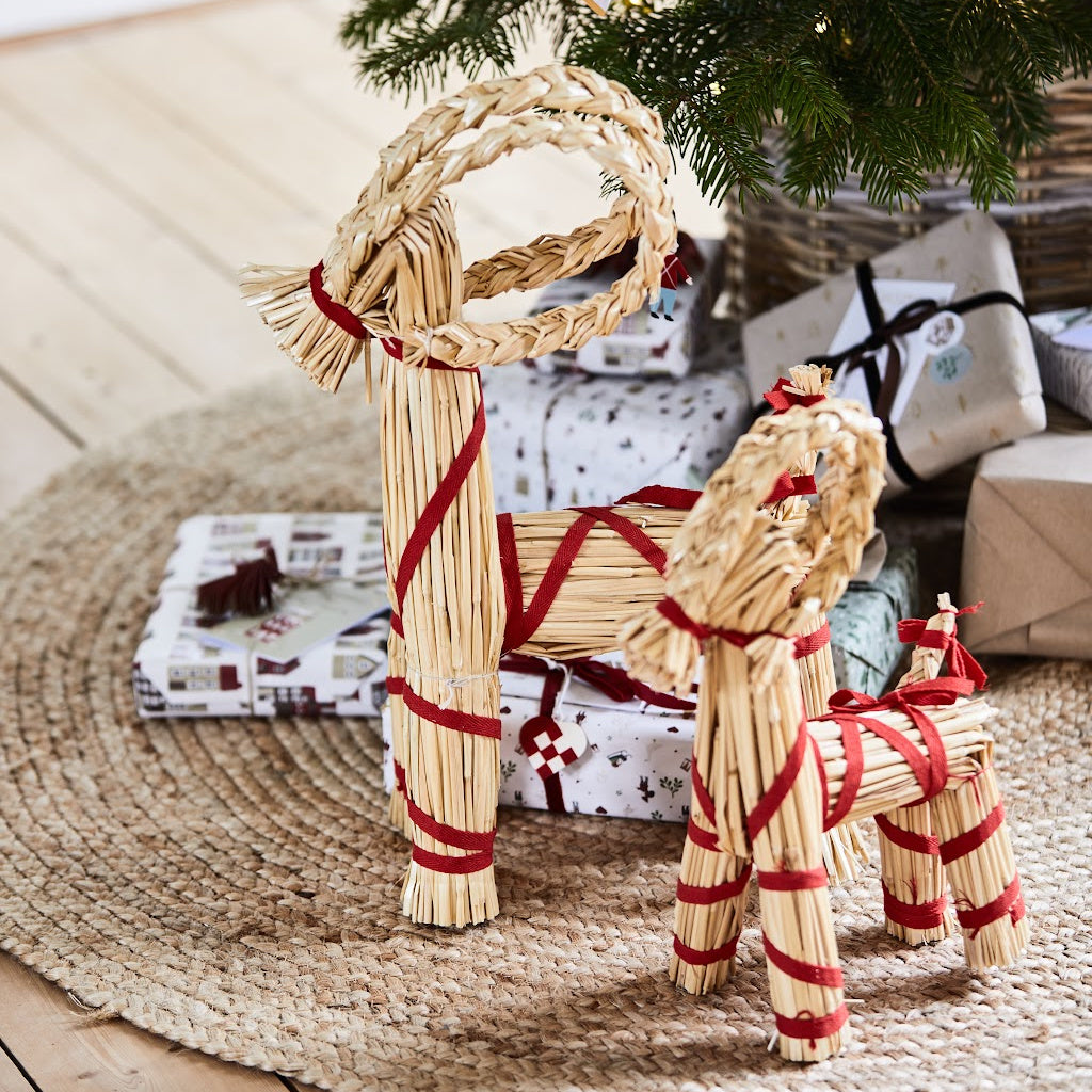 Scandi Straw Christmas Goat With Red Ribbon | Three Sizes