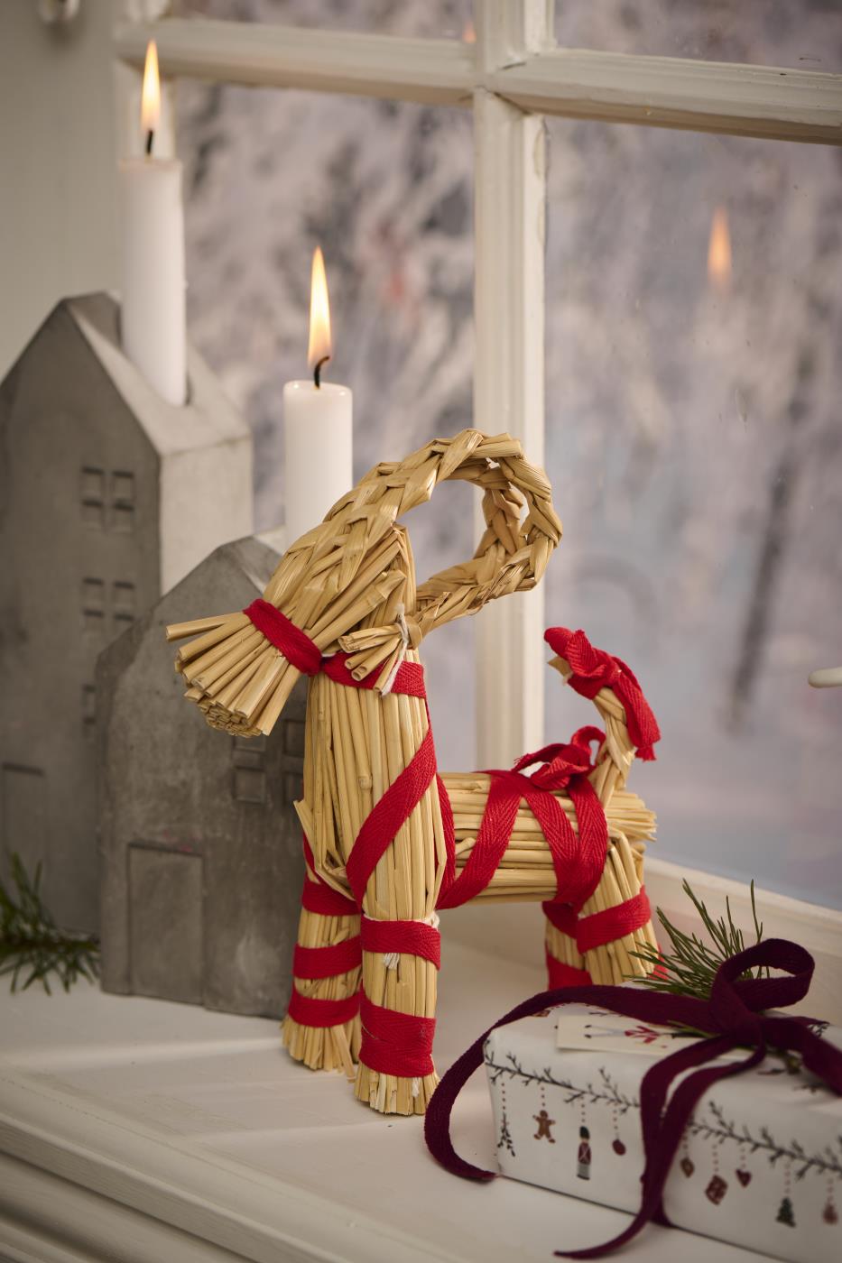 Scandi Straw Christmas Goat With Red Ribbon | Three Sizes