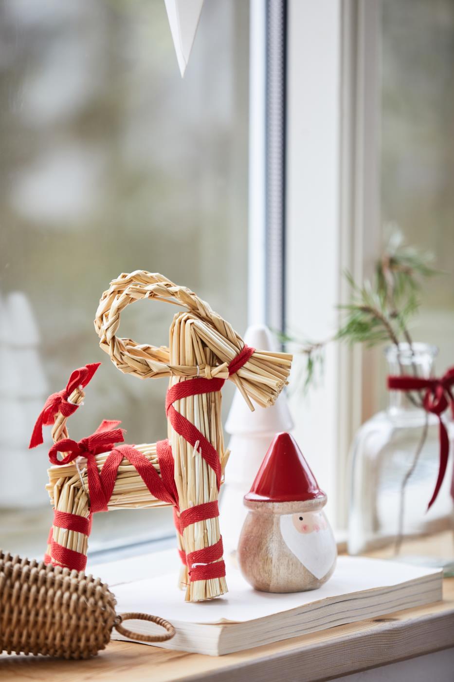 Scandi Straw Christmas Goat With Red Ribbon | Three Sizes
