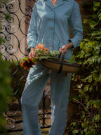 Green Striped Scalloped Pyjama Set Cotton Poplin