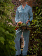 Green Striped Scalloped Pyjama Set Cotton Poplin