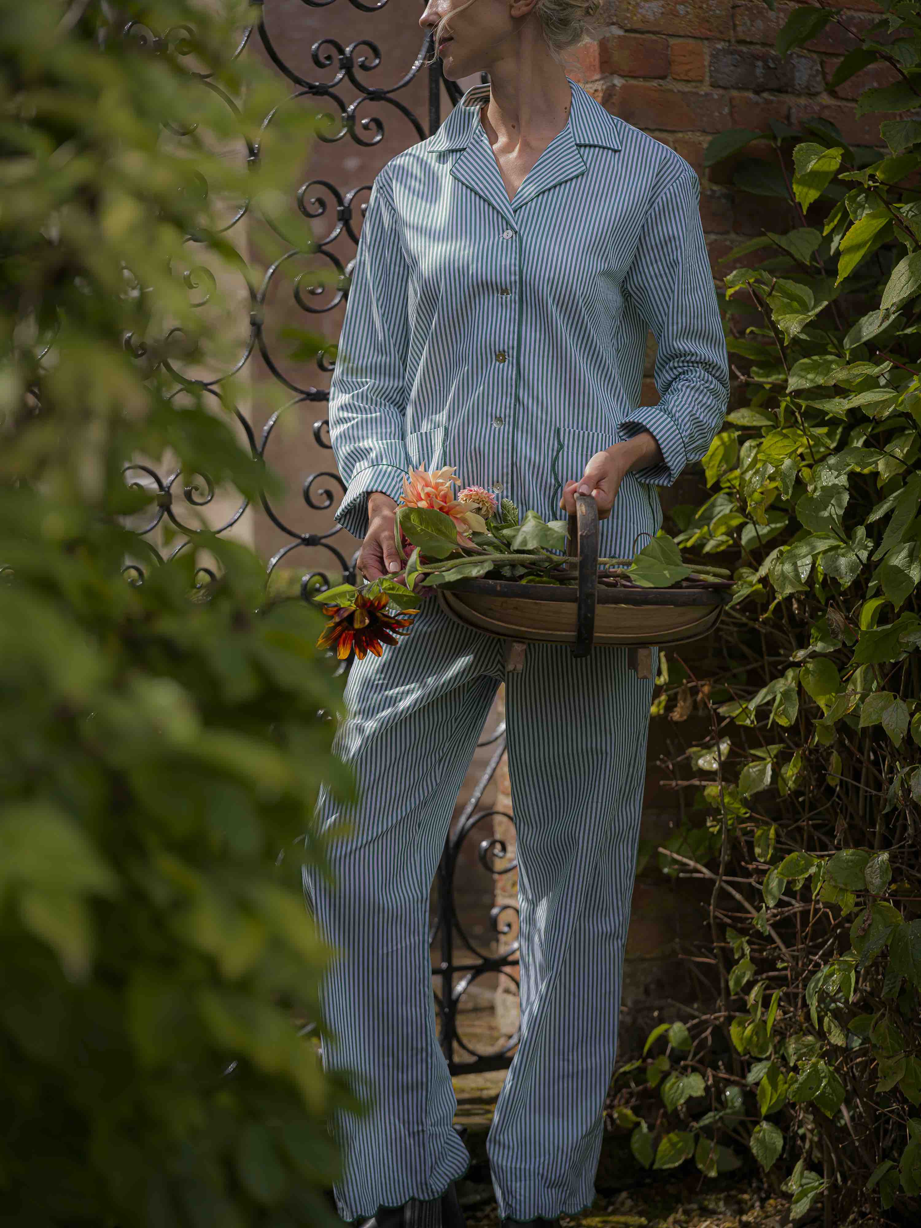 Green Striped Scalloped Pyjama Set Cotton Poplin