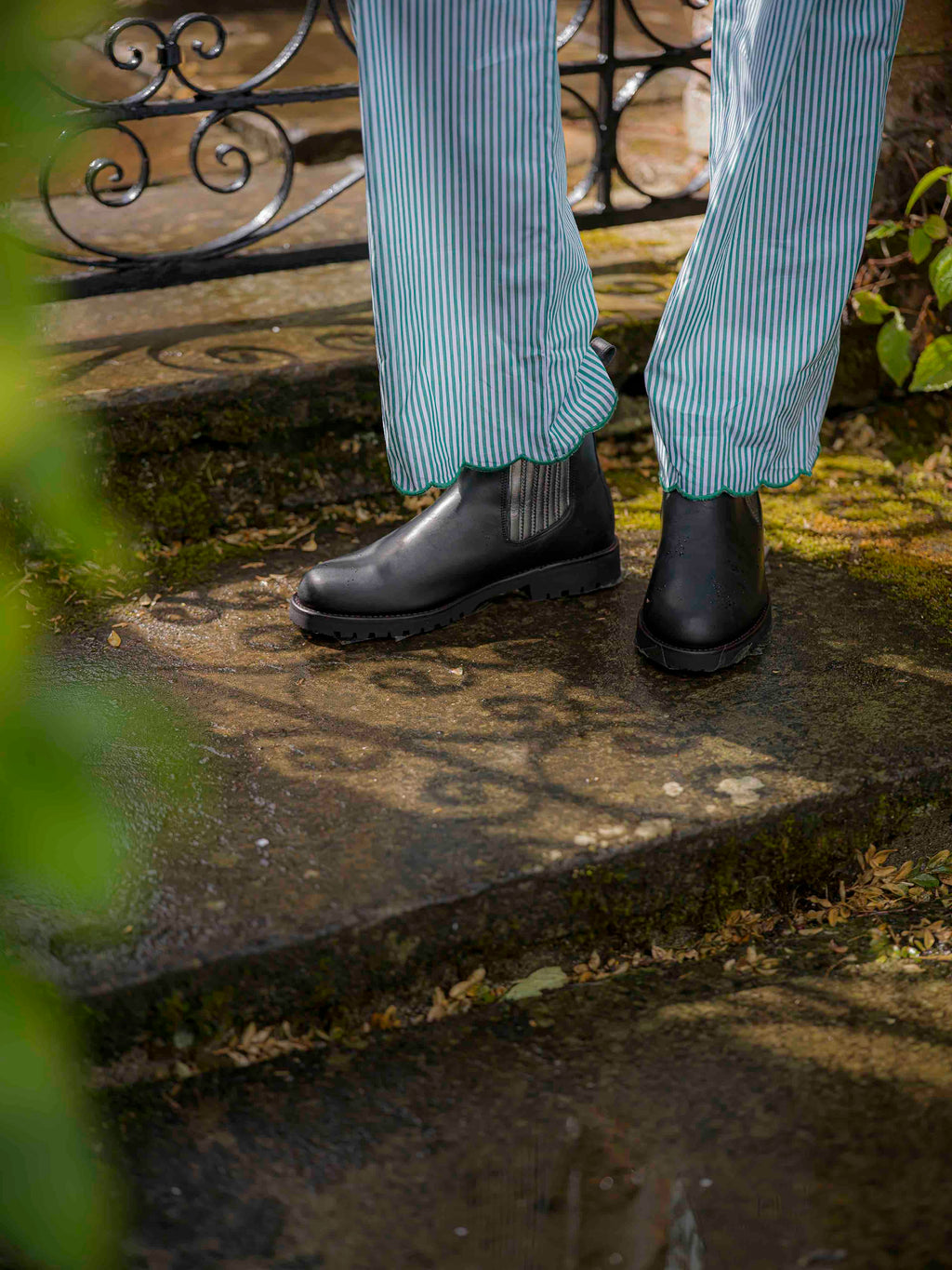 Green Striped Scalloped Pyjama Set Cotton Poplin