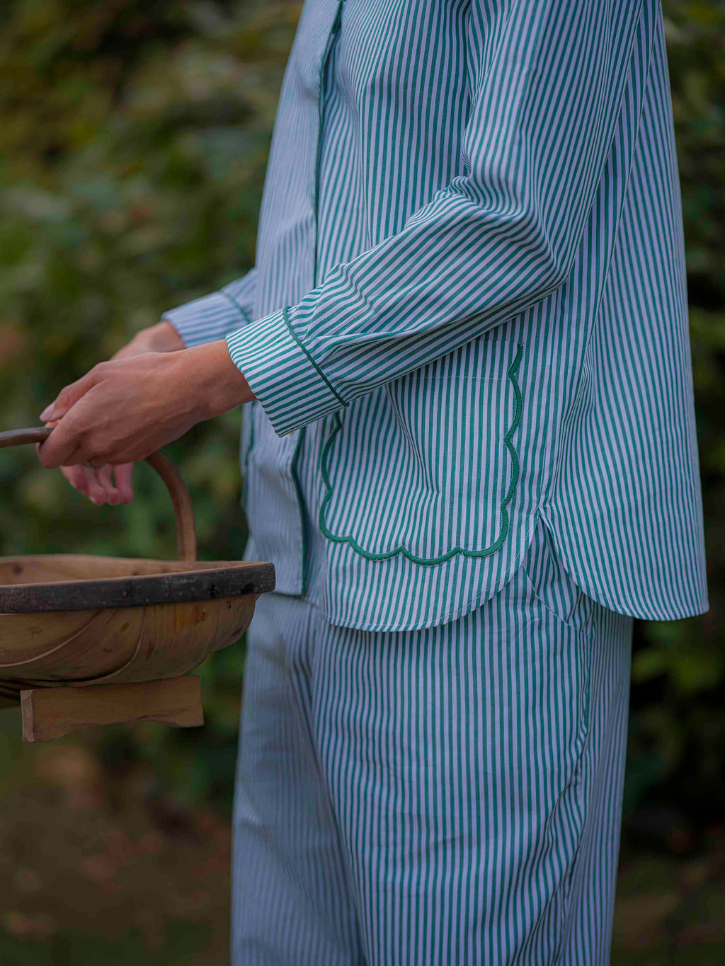 Green Striped Scalloped Pyjama Set Cotton Poplin