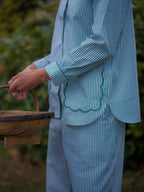 Green Striped Scalloped Pyjama Set Cotton Poplin