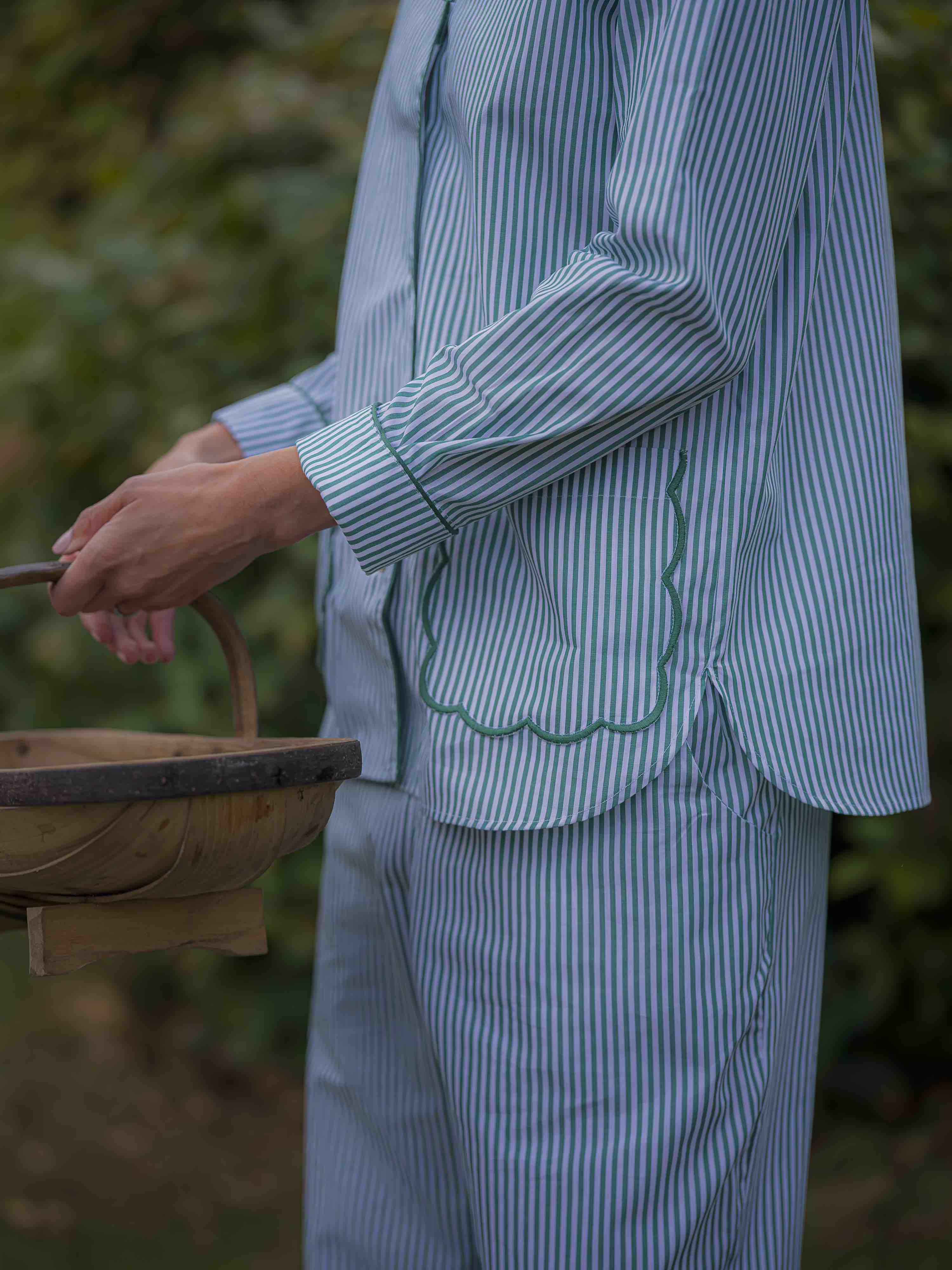 Green Striped Scalloped Pyjama Set Cotton Poplin