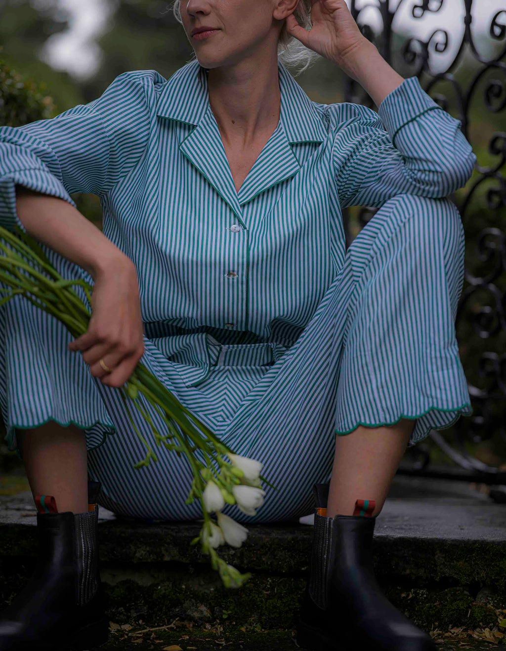 Green Striped Scalloped Pyjama Set Cotton Poplin