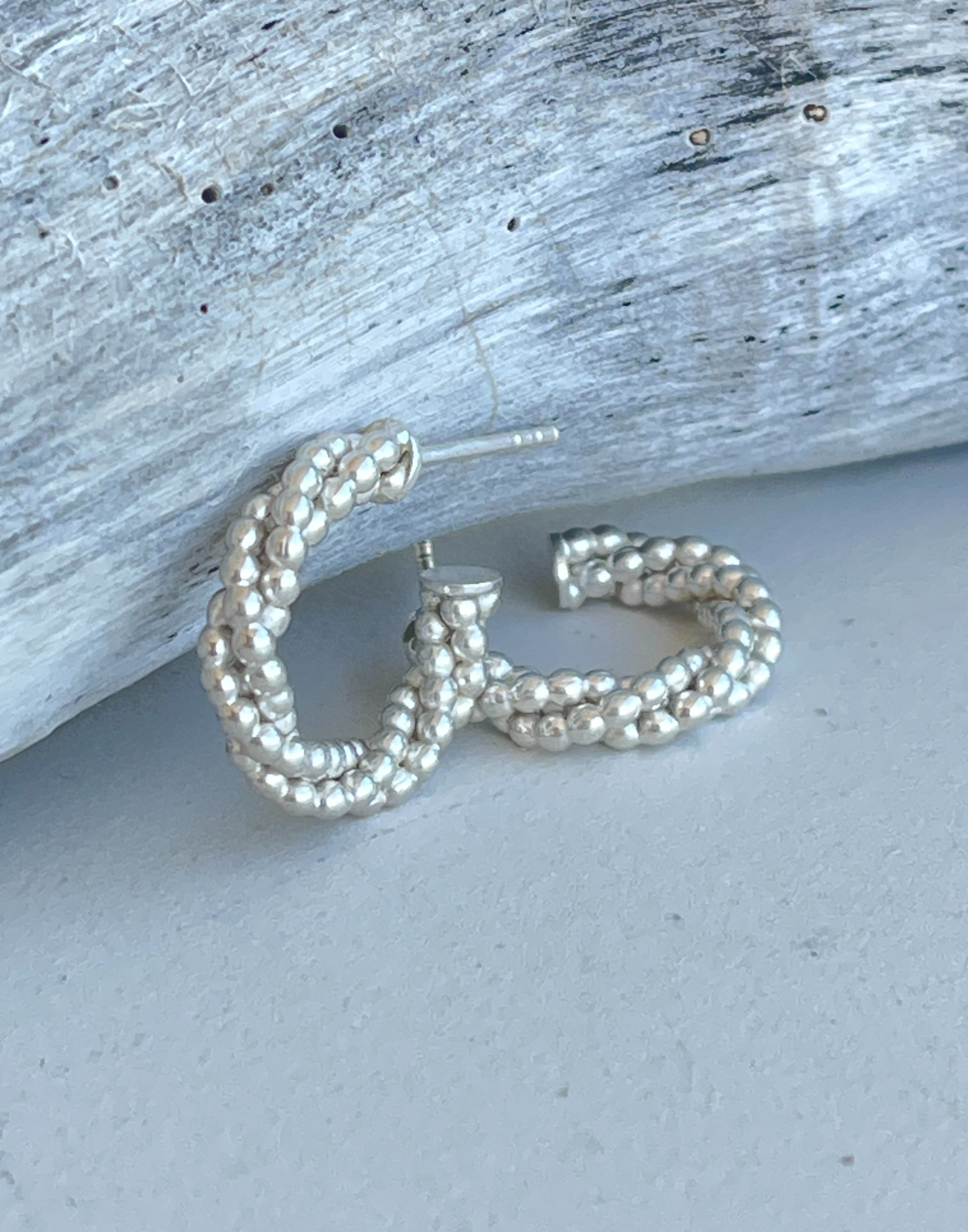 Silver Twisted Bead Hoop Earrings