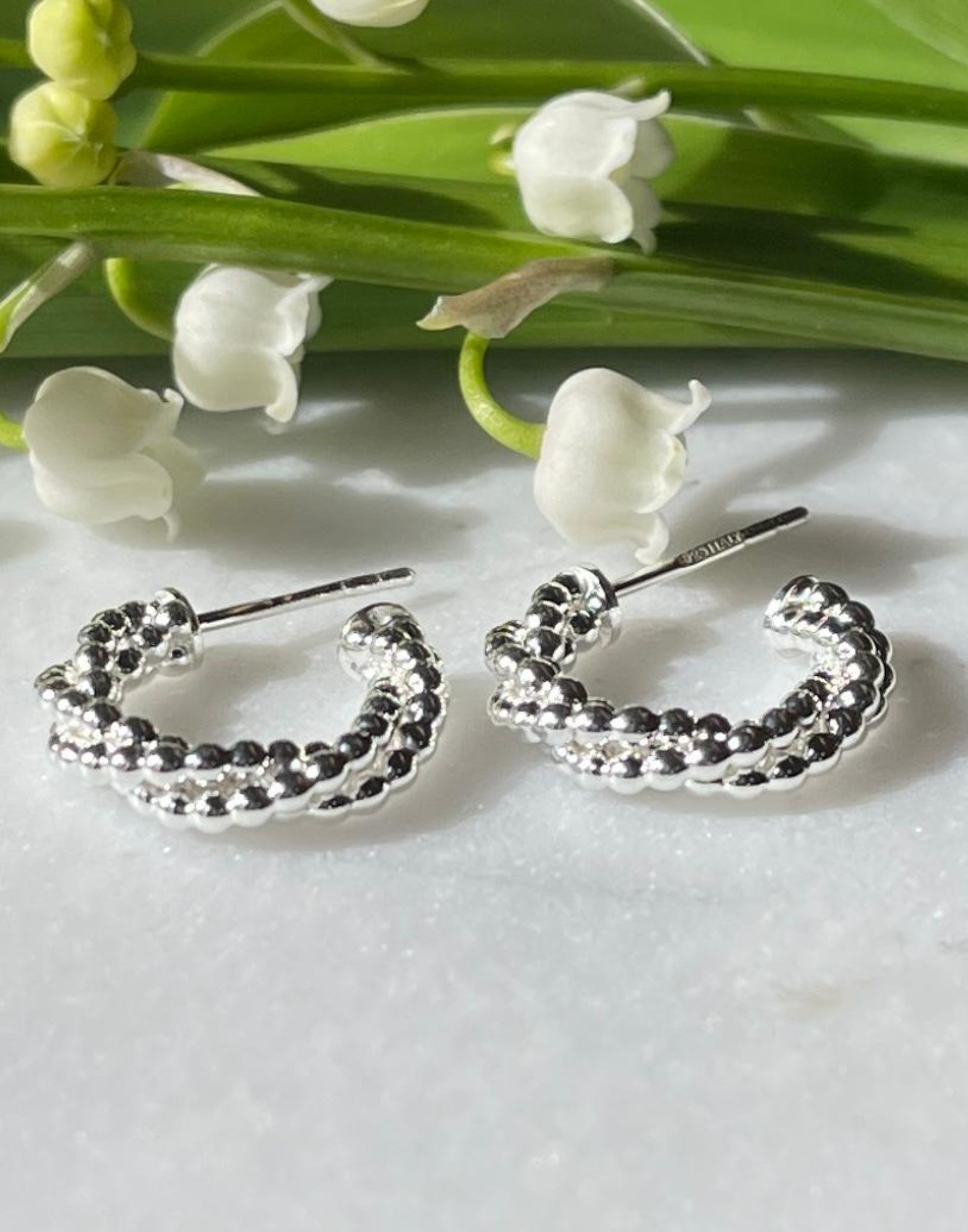 Silver Twisted Bead Hoop Earrings