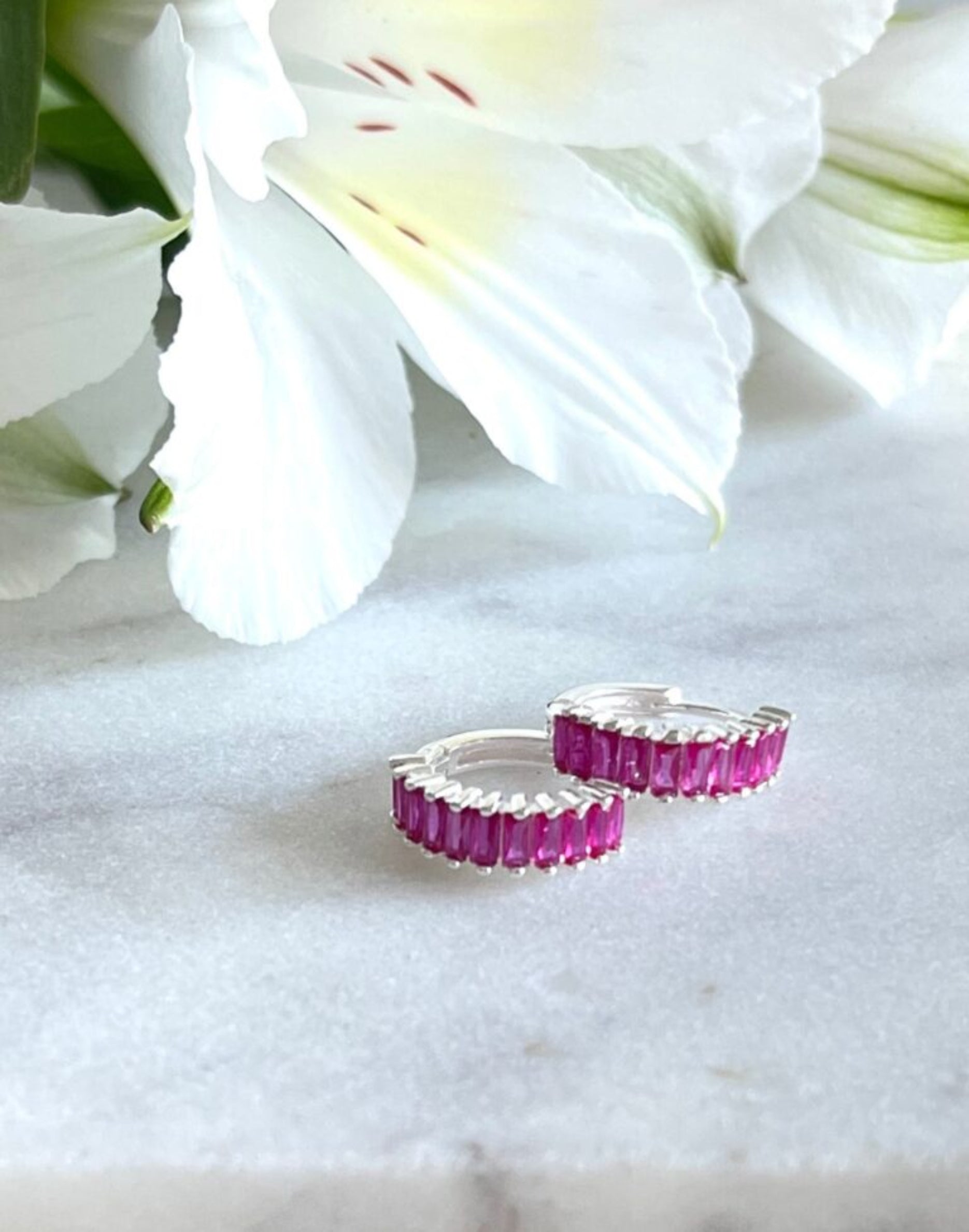 Silver and Hot Pink Holiday Huggie Earrings