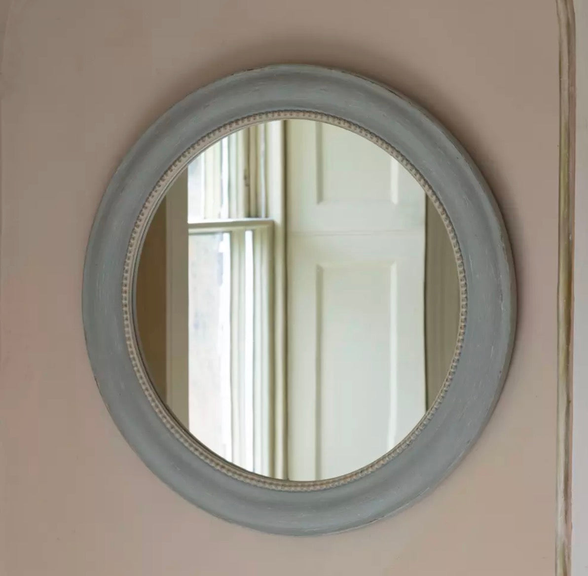 Soft Grey Round Painted Mirror with Cream Beading