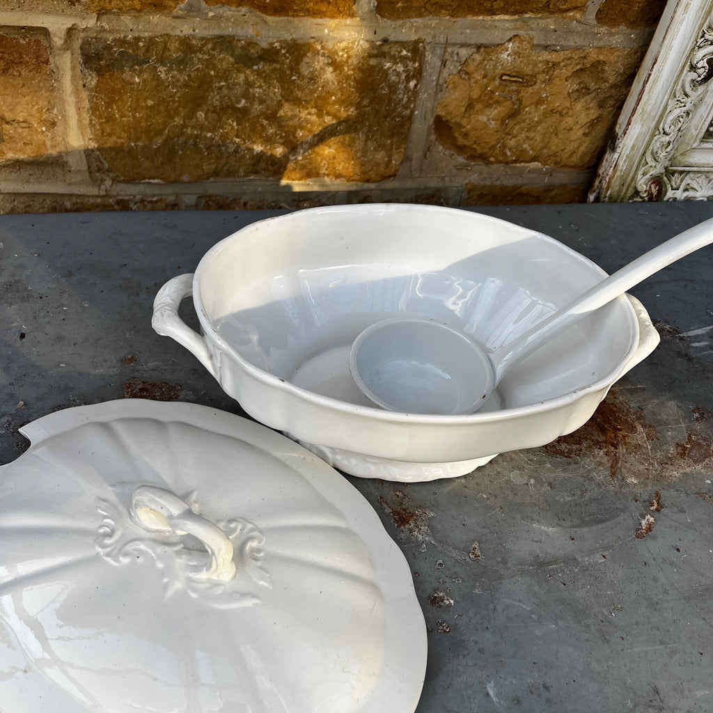 White European Ceramic Soupiere / Tureen with Ceramic Ladle
