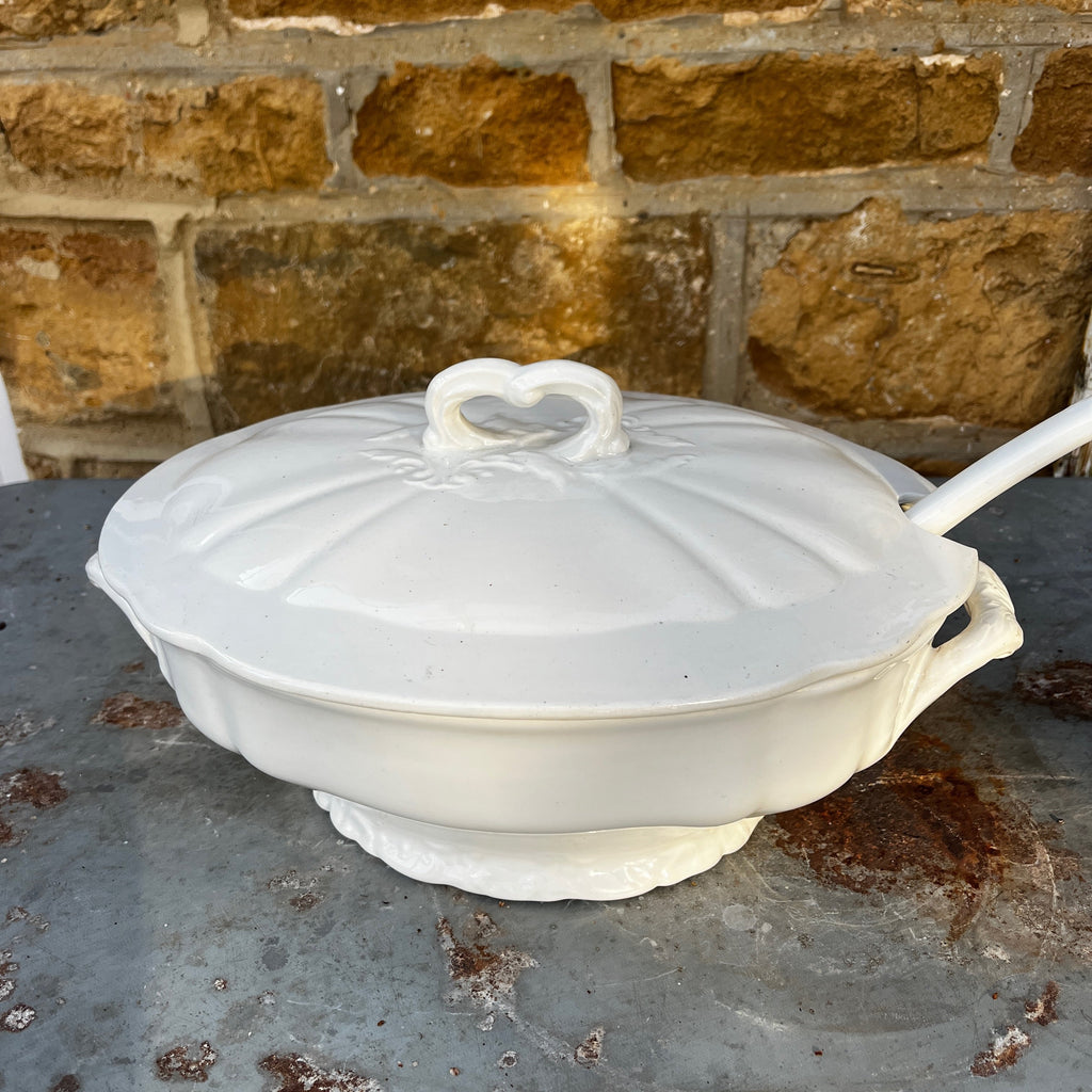 White European Ceramic Soupiere / Tureen with Ceramic Ladle
