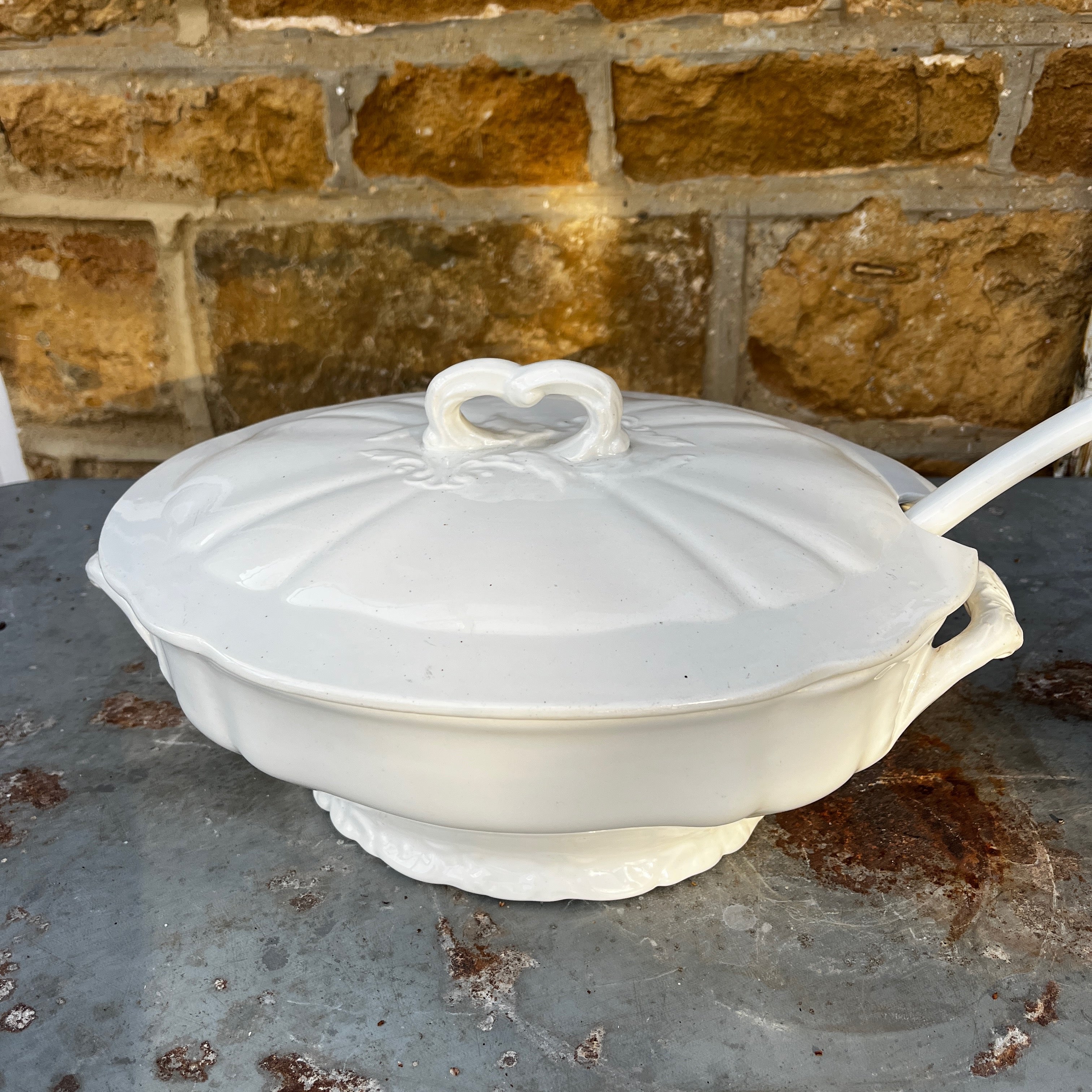 White European Ceramic Soupiere / Tureen with Ceramic Ladle