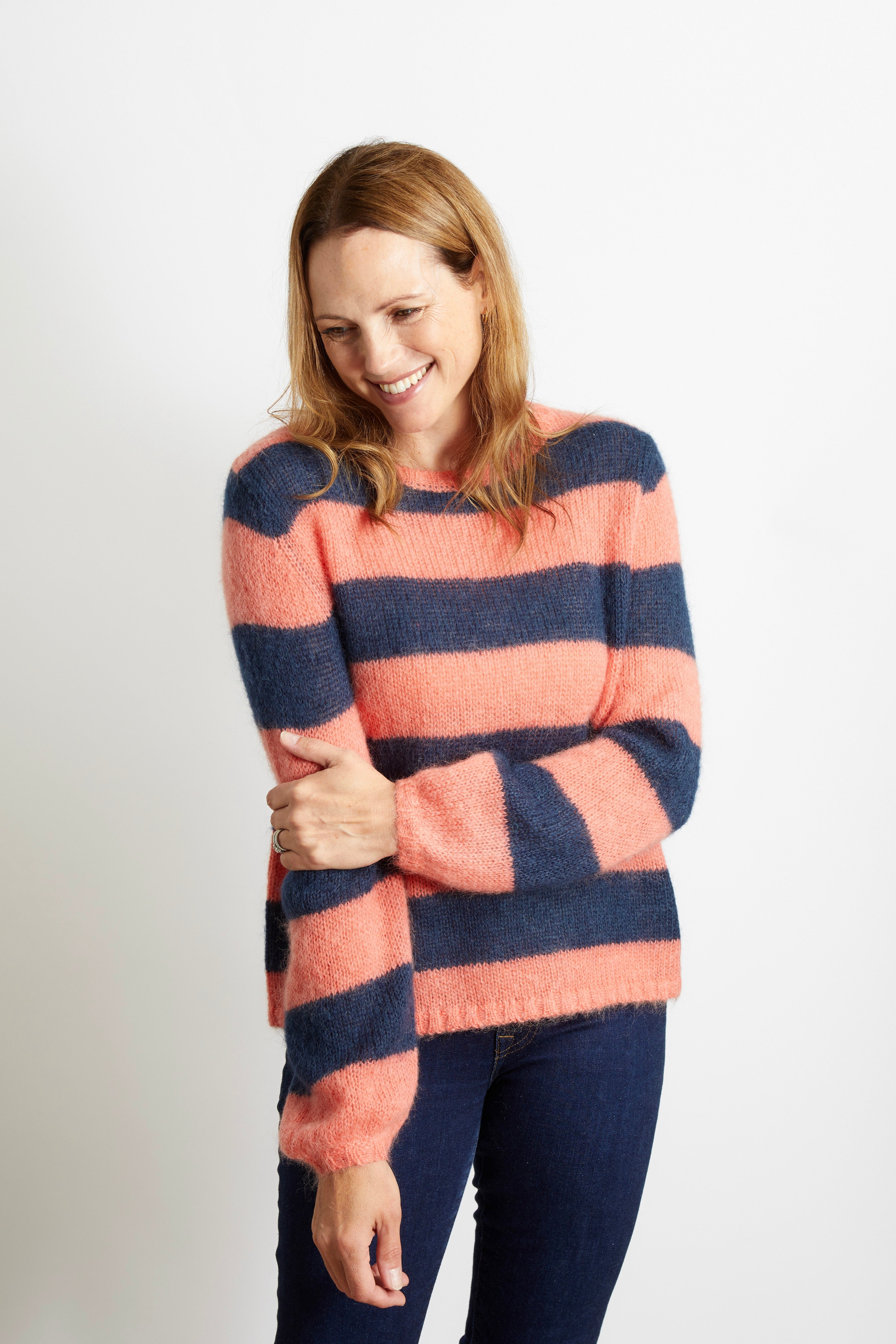Sasha Chunky Knit Striped Jumper - Orange and Navy Blue