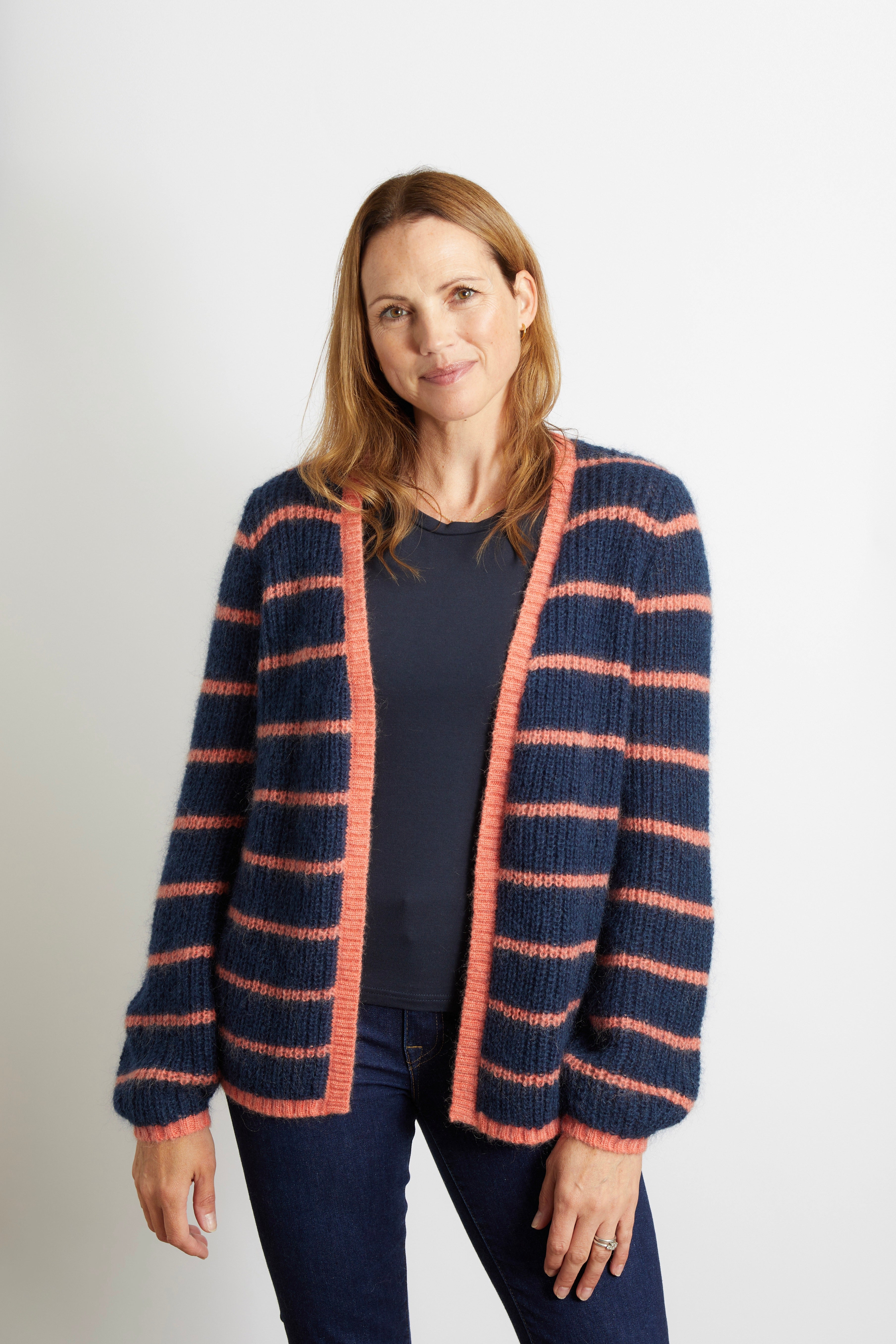 Lizzy Striped Chunky Knitted Cardigan - Olive Green with Pink Stripe