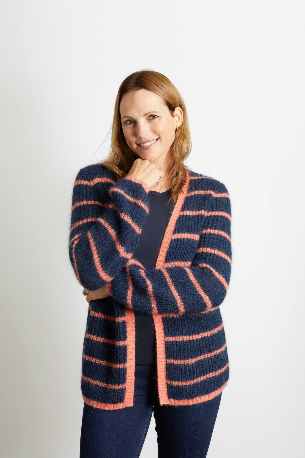 Lizzy Striped Chunky Knitted Cardigan - Olive Green with Pink Stripe