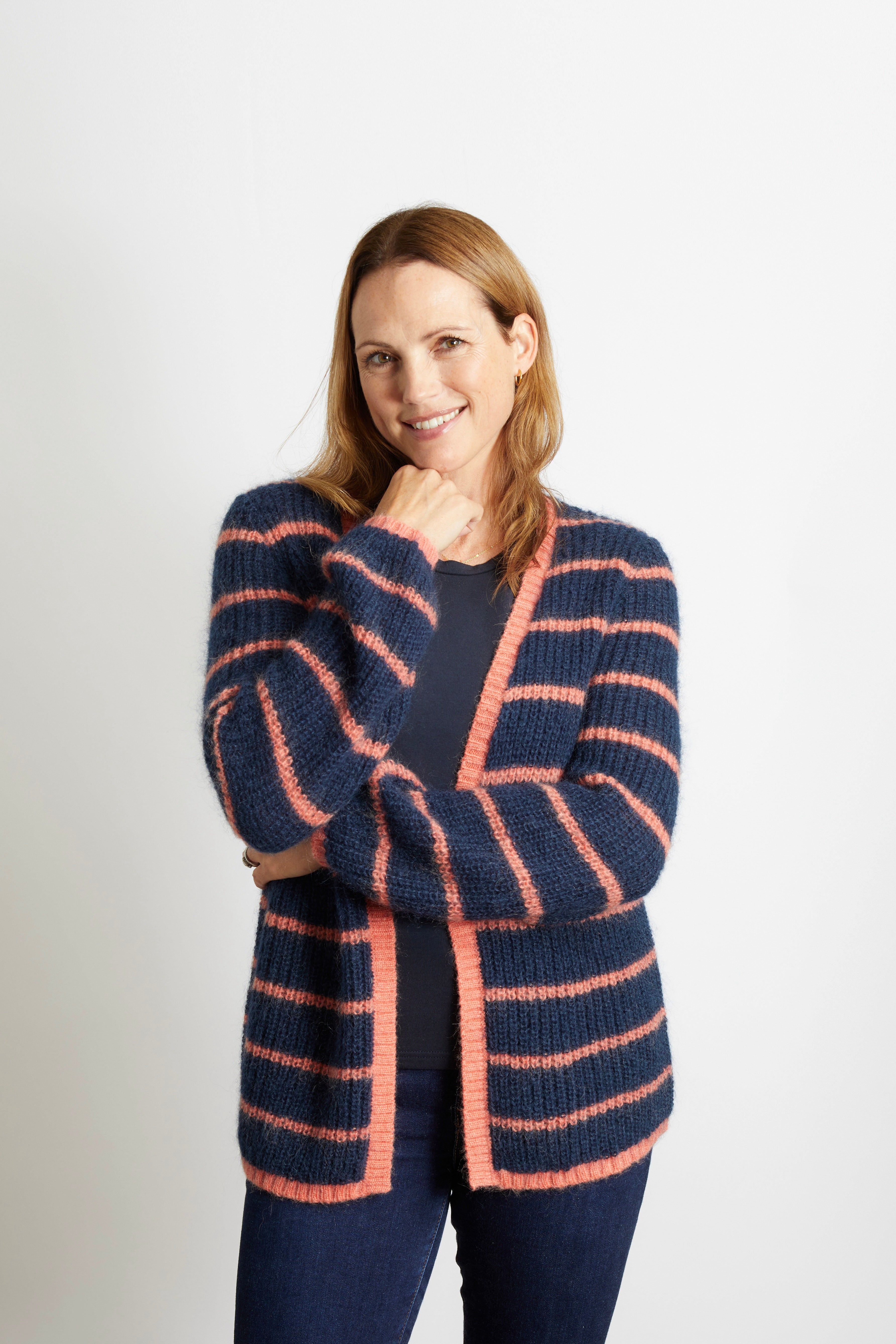 Lizzy Striped Chunky Knitted Cardigan - Olive Green with Pink Stripe