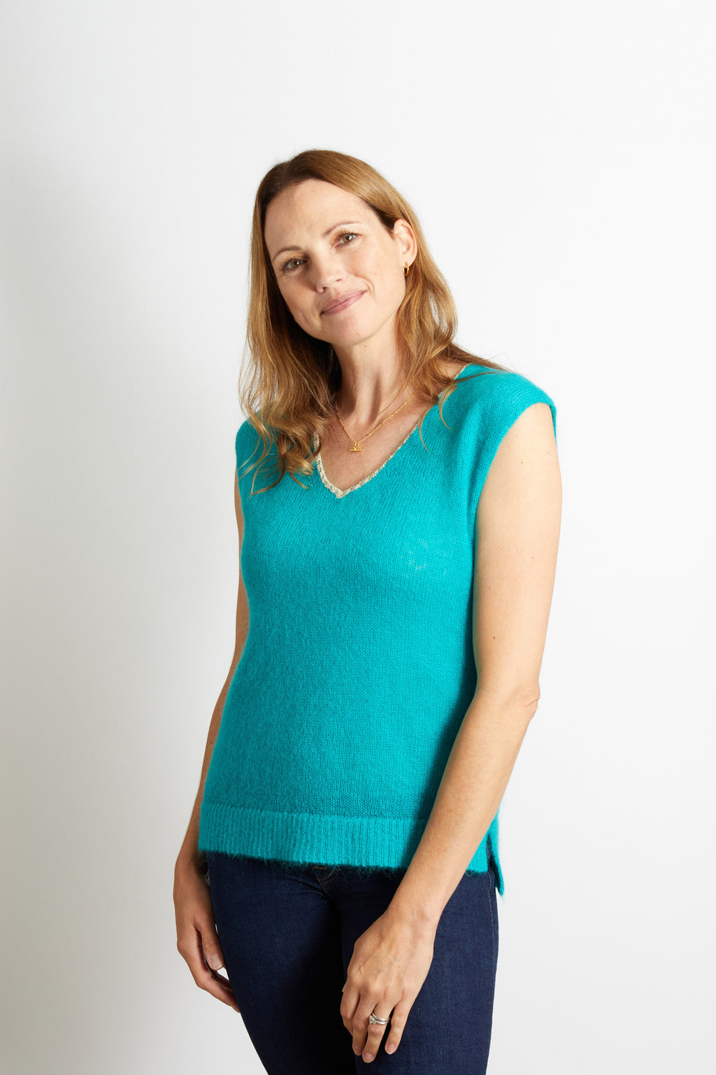 Nancy Knitted V Neck Tank Top with Champagne Sparkle Lurex Trim - Navy Blue