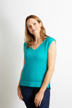 Nancy Knitted V Neck Tank Top with Champagne Sparkle Lurex Trim - Navy Blue