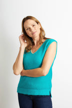 Nancy Knitted V Neck Tank Top with Champagne Sparkle Lurex Trim - Navy Blue