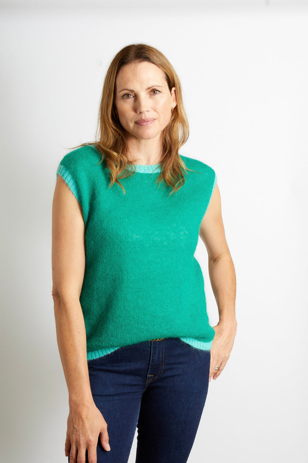 Mollie Knitted Tank Top - Emerald Green with Turquoise Trim