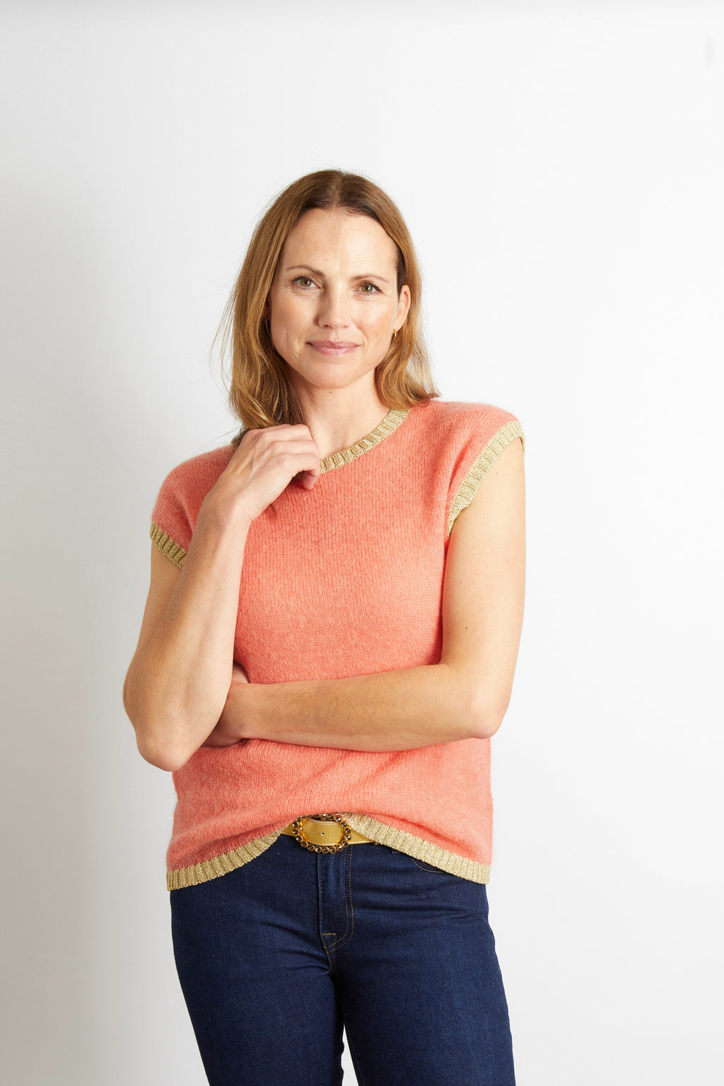 Rosie Knitted Tank Top with Gold Sparkle Lurex Trim - Cerise Pink