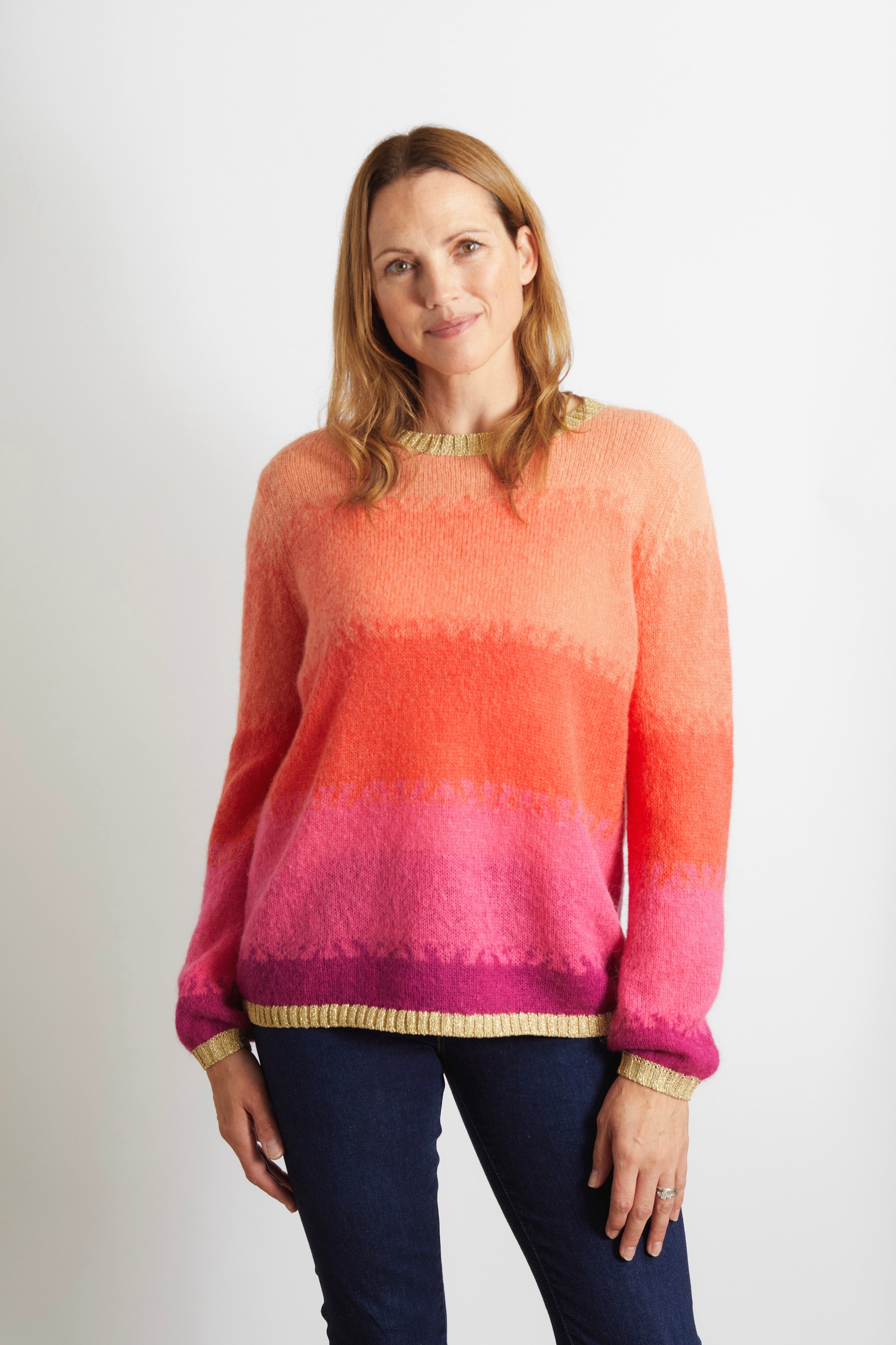 Amelia Ombre Effect Jumper with Champagne Sparkle Lurex Trim in Aqua, Blue, Turquoise and Green