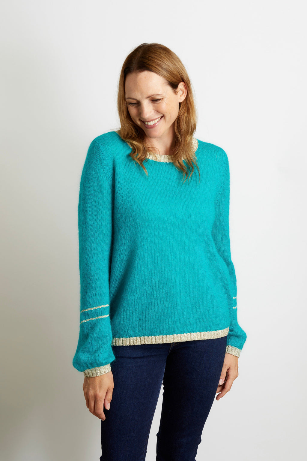 Lottie Jumper with Gold Sparkle Lurex Trim - Teal Blue