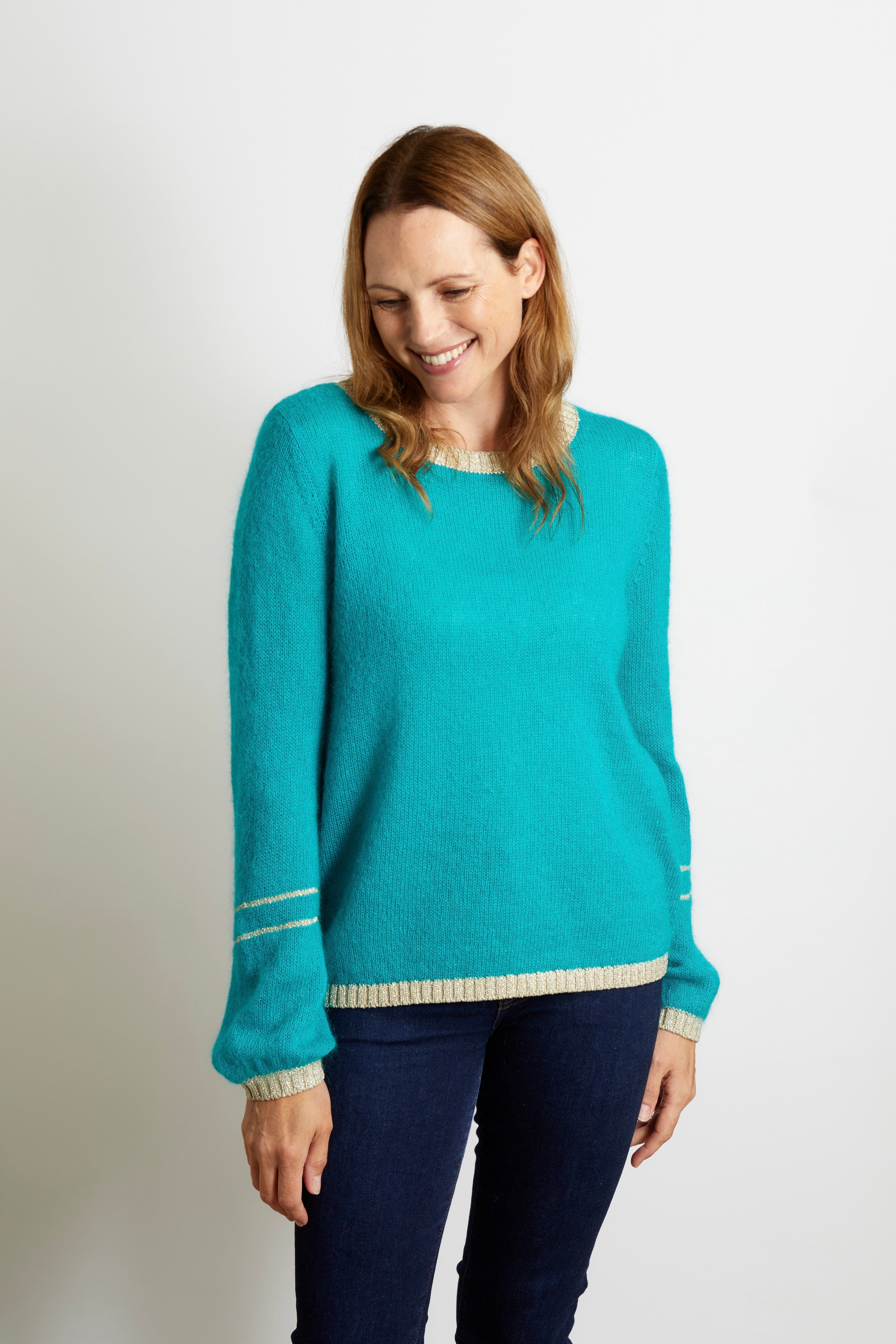 Lottie Jumper with Gold Sparkle Lurex Trim - Teal Blue