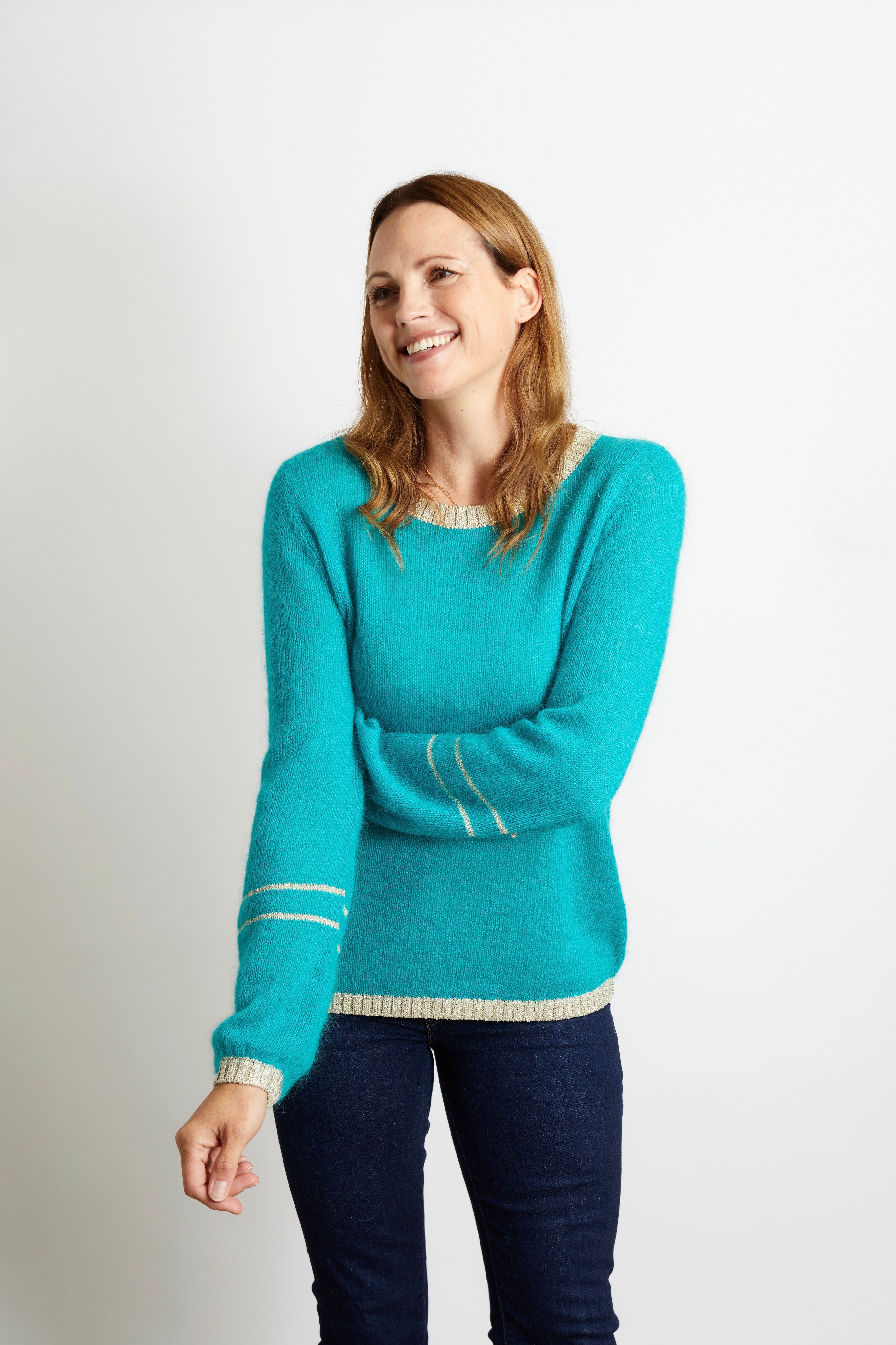 Lottie Jumper with Gold Sparkle Lurex Trim - Teal Blue