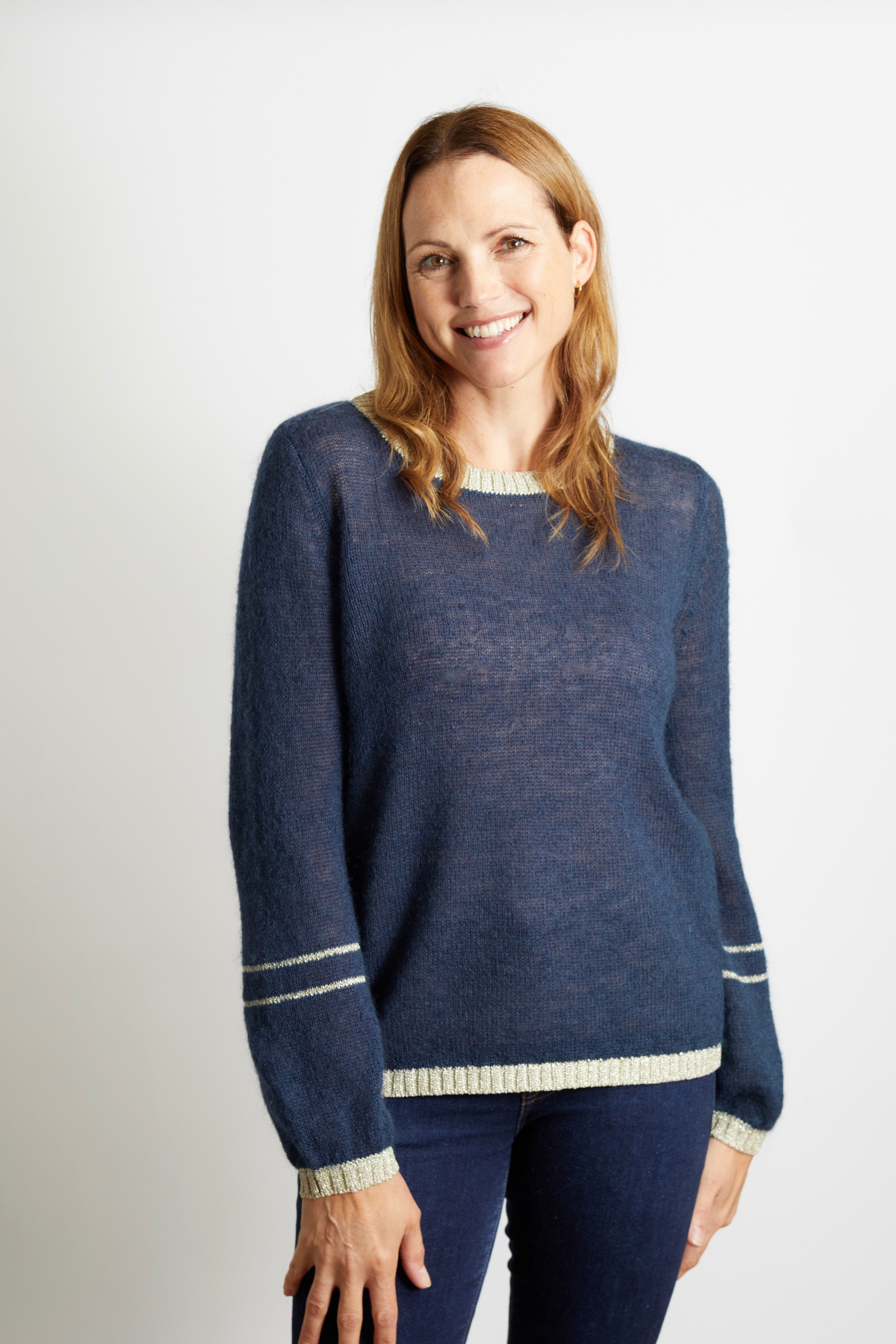 Lottie Jumper with Gold Sparkle Lurex Trim - Teal Blue