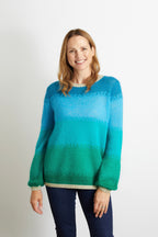 Amelia Ombre Effect Jumper with Champagne Sparkle Lurex Trim in Aqua, Blue, Turquoise and Green