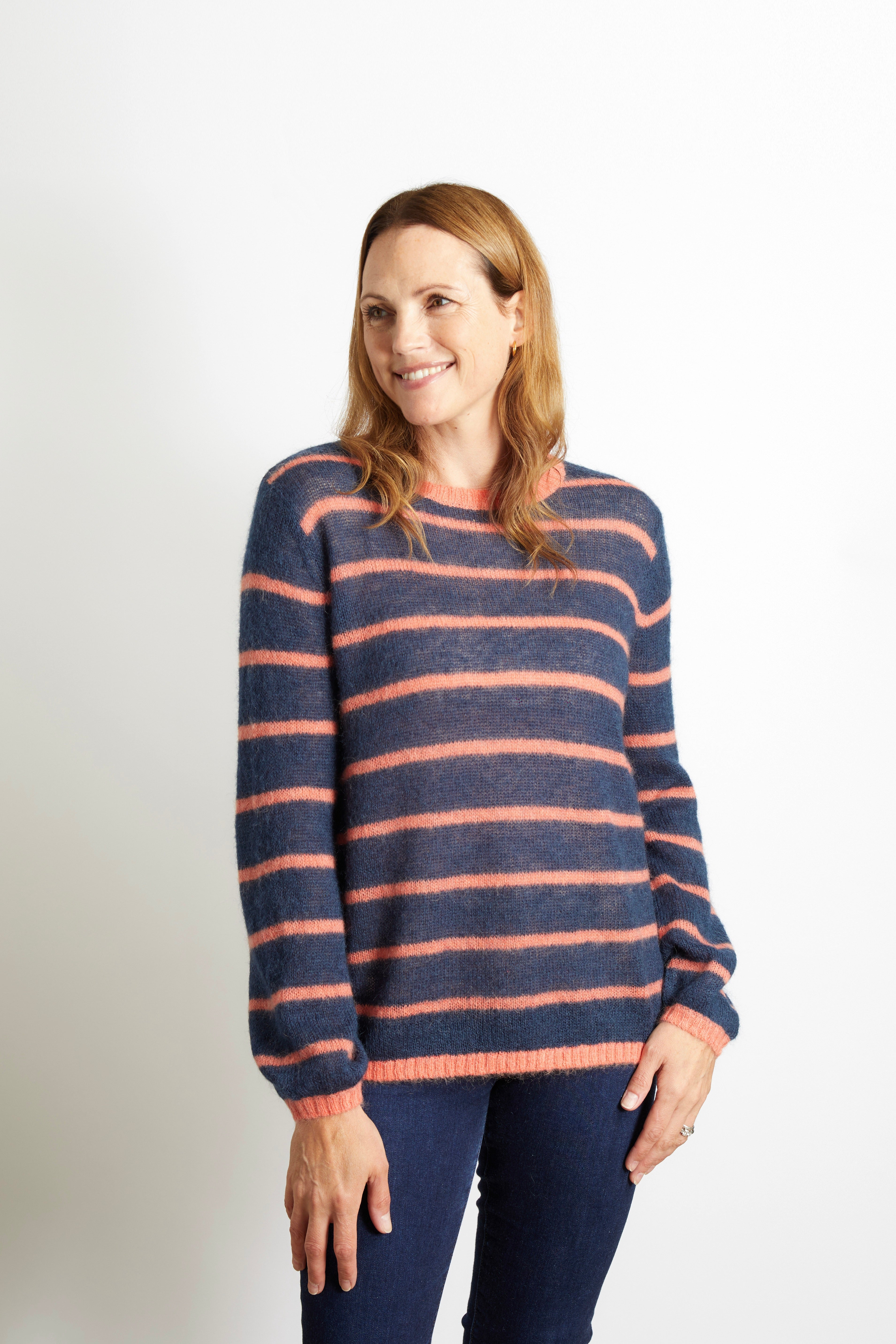 Emma Colourful Striped Jumper - Navy Blue with Orange Stripe