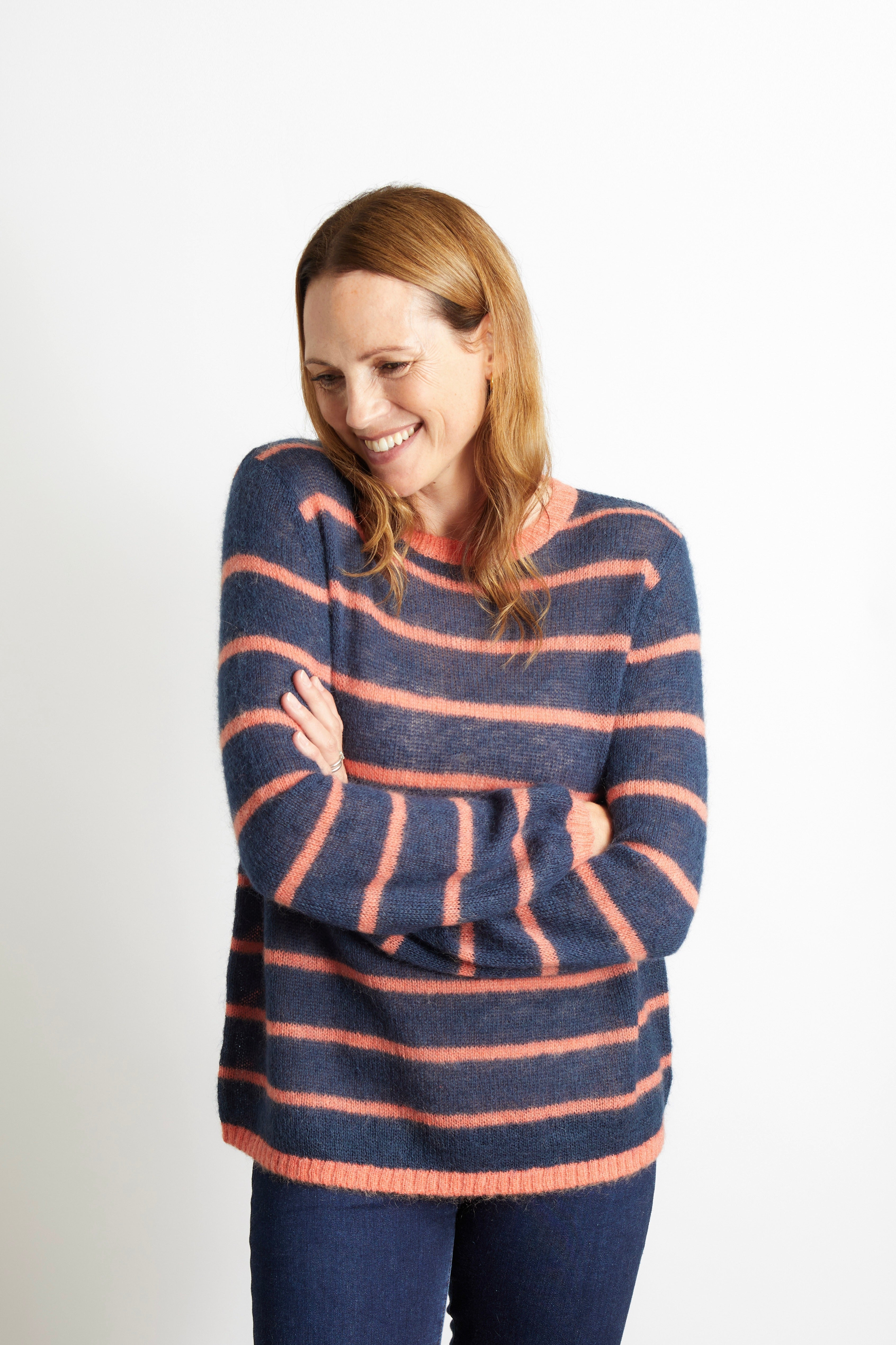Emma Colourful Striped Jumper - Navy Blue with Orange Stripe