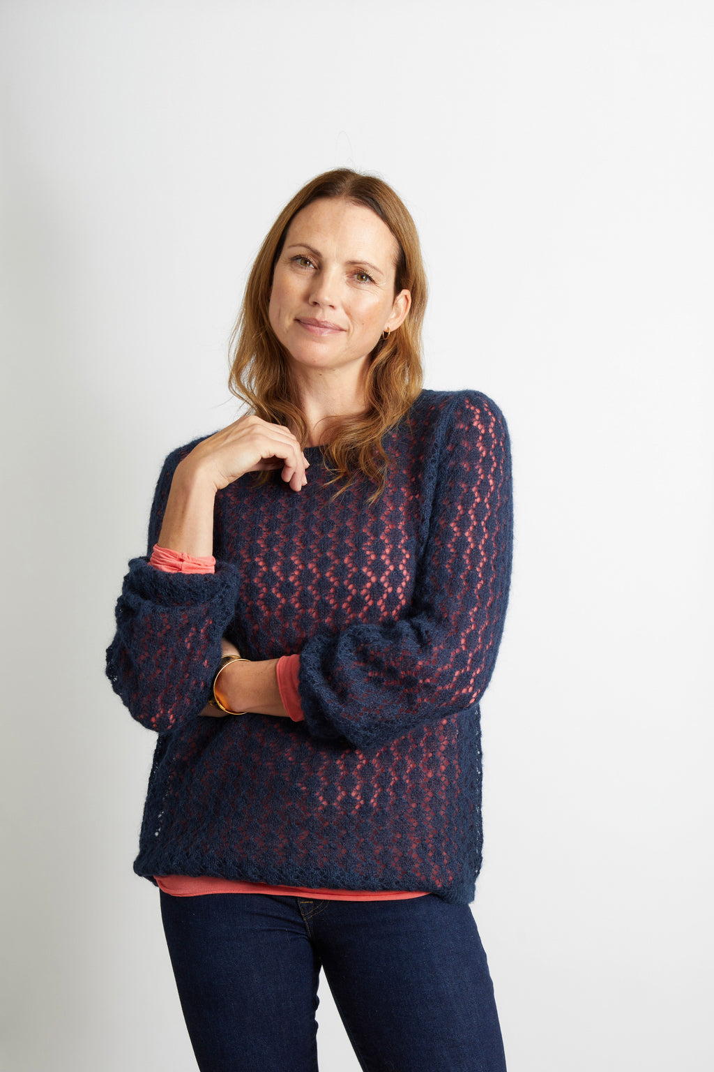 Olivia Pointelle Knit Ladies Jumper with Full Sleeve - Navy Blue