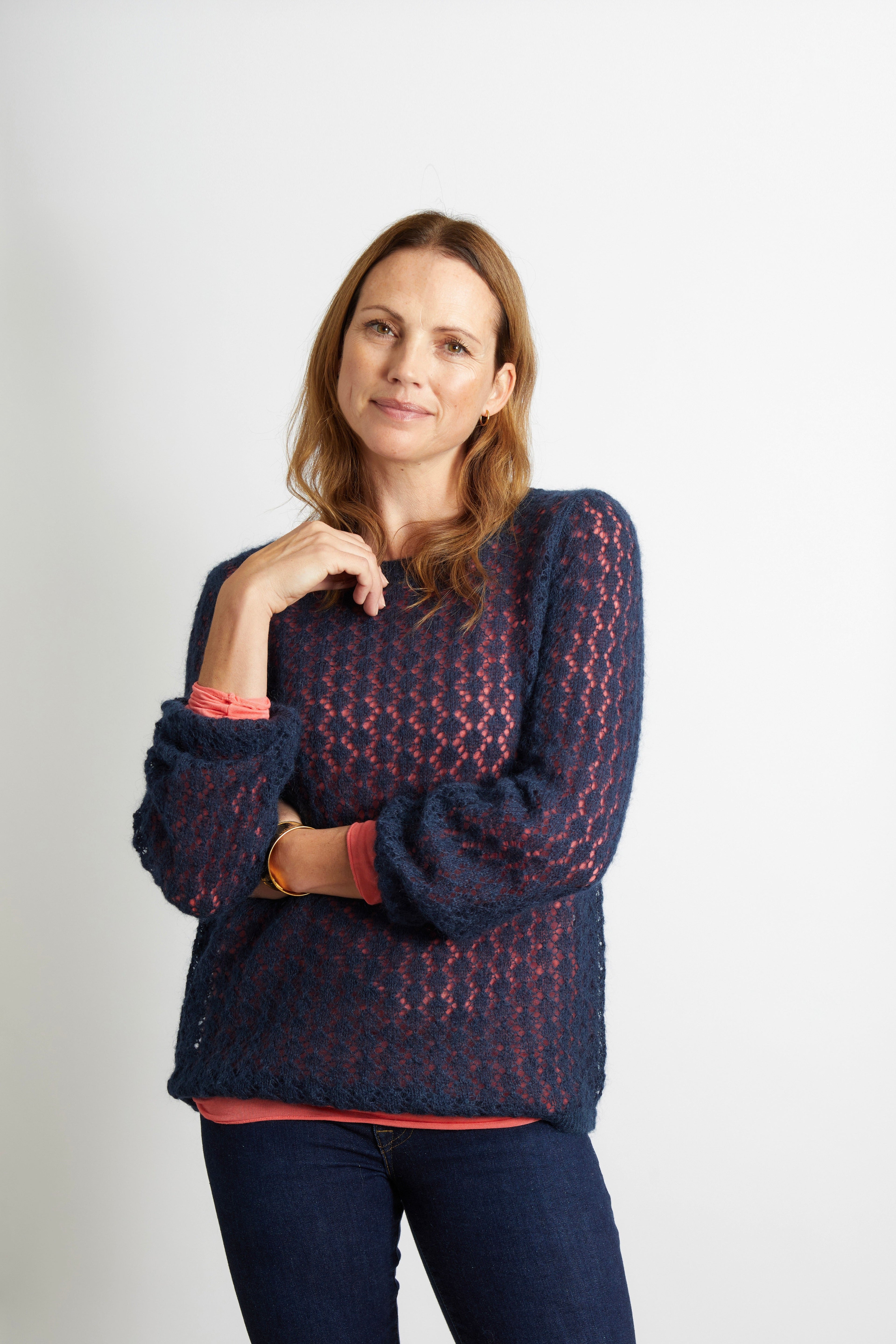 Olivia Pointelle Knit Ladies Jumper with Full Sleeve - Navy Blue